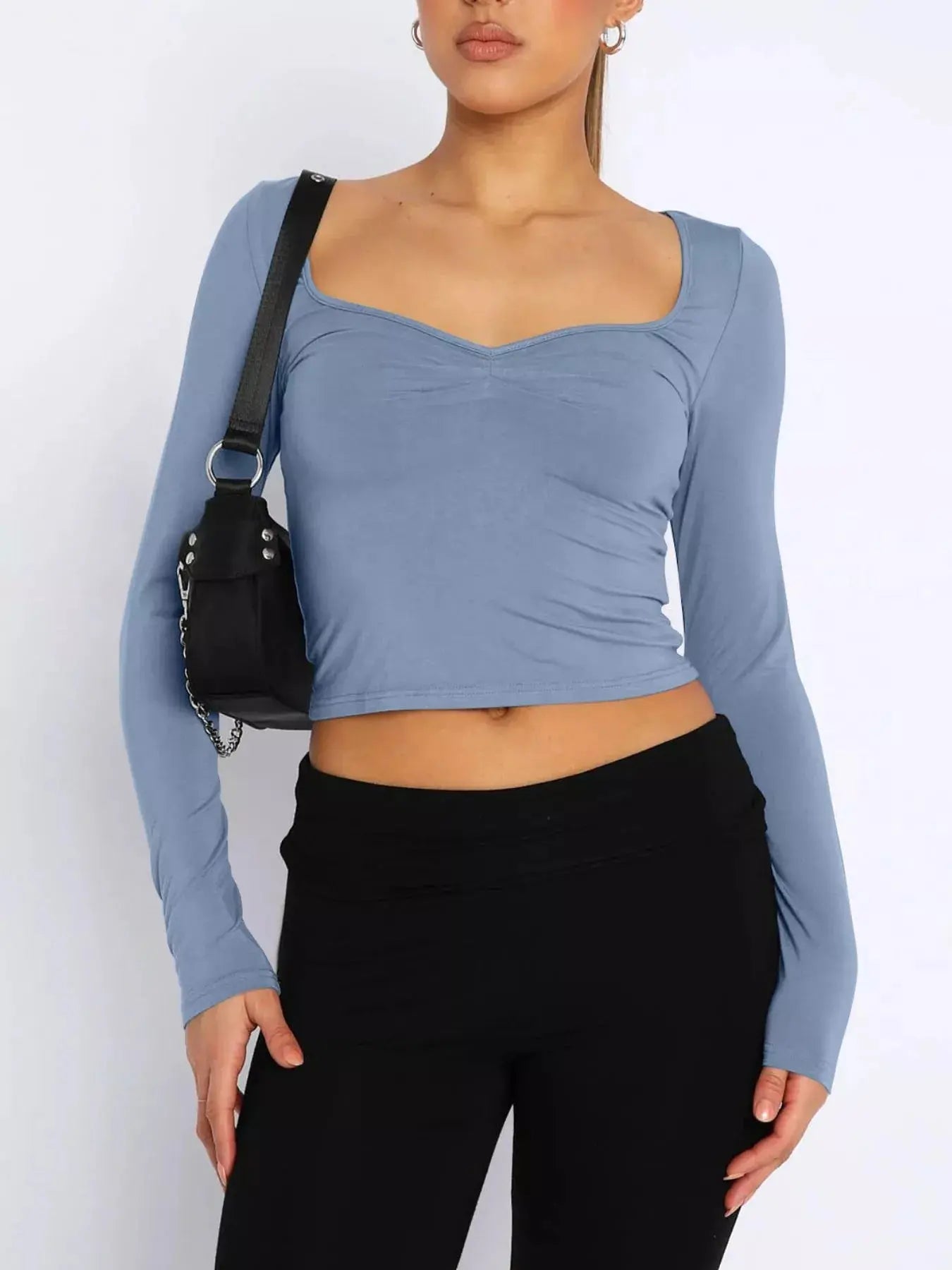 Sweetheart Neck Long Sleeve Crop T Shirt - Be Bliss Boutique