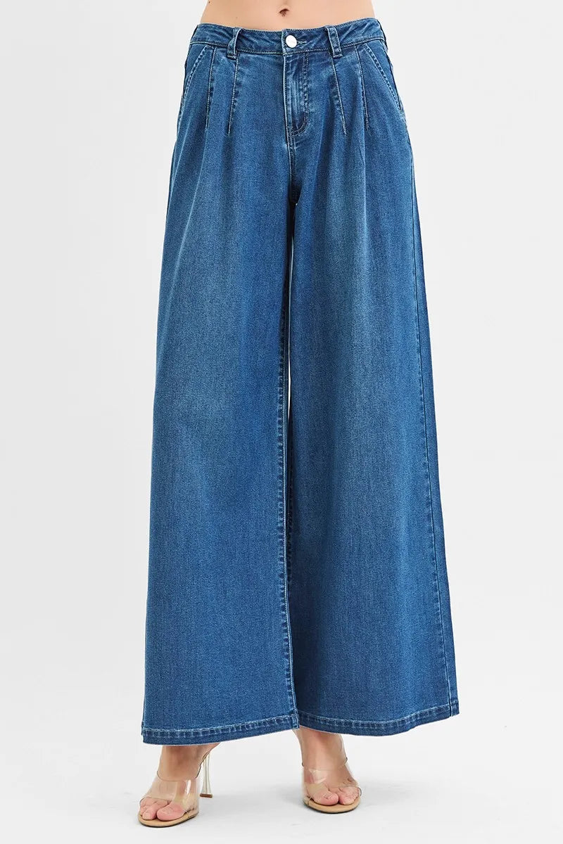 Mid Rise Wide Leg Knit Denim Palazzo RISEN Jeans - Be Bliss Boutique