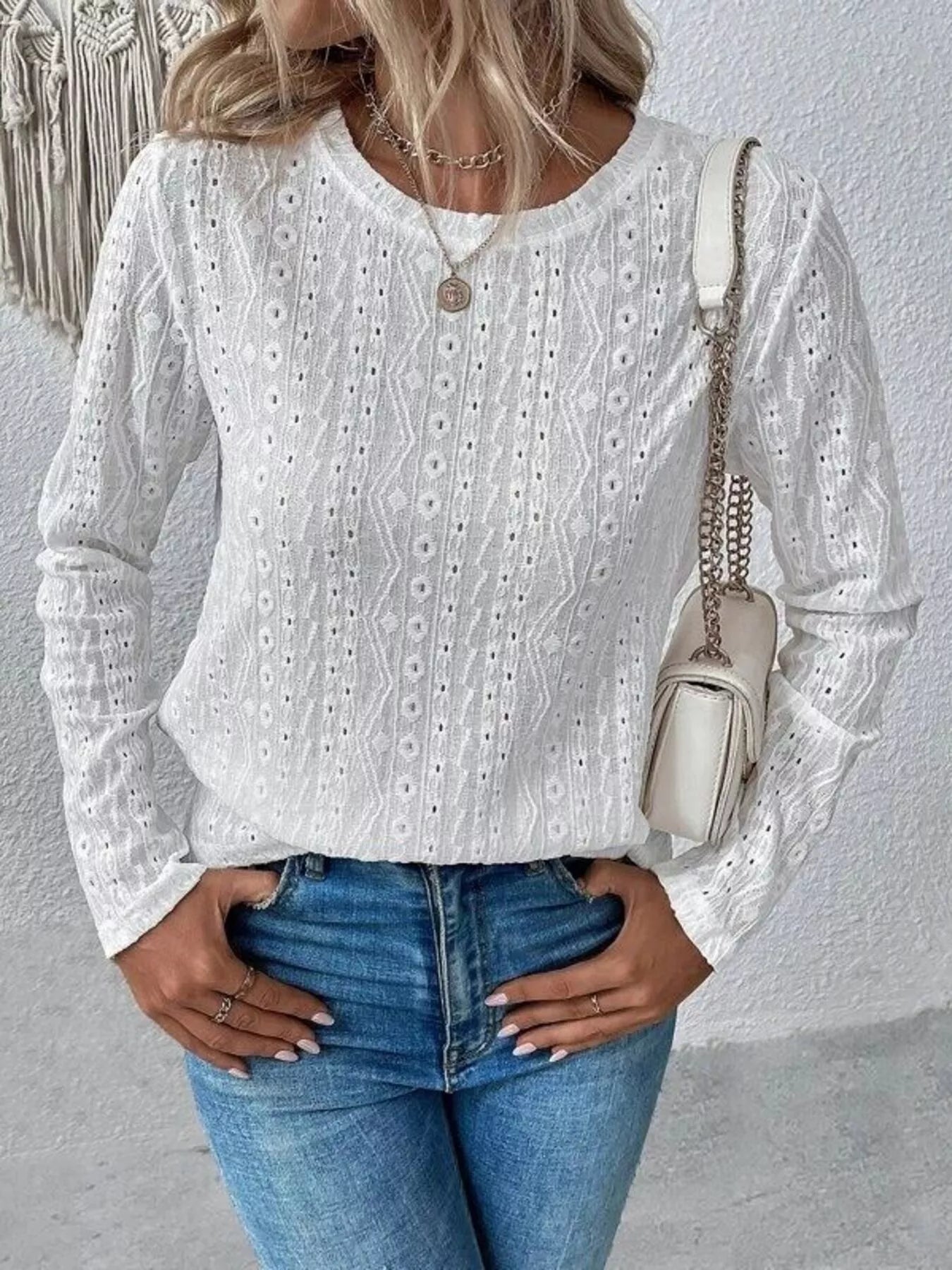 Full Size Eyelet Round Neck Long Sleeve Blouse Plus Size -  Be Bliss Boutique