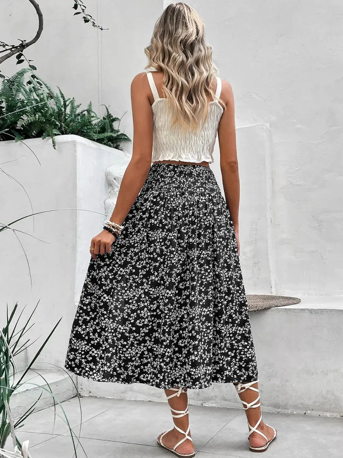 Slit Smocked High Waist Floral Midi Skirt - Be Bliss Boutique