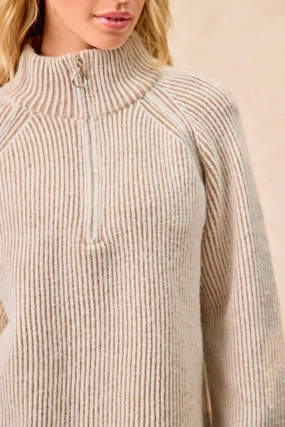 BiBi Two Tone Ribbed Textured Knit Sweater with Zip Up Collar - Be Bliss Boutique