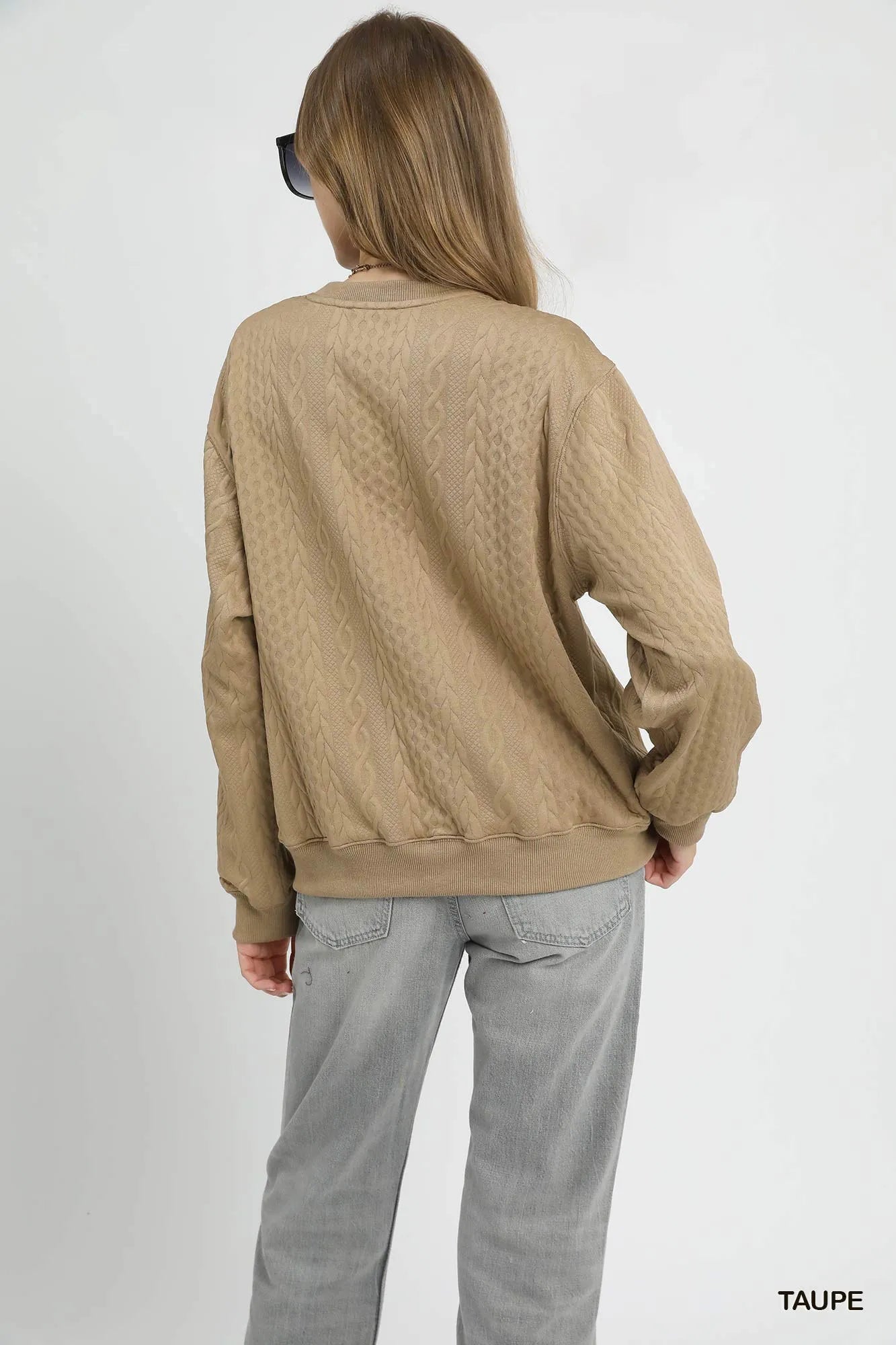 Umgee Texture Pattern Cable Knit Sweatshirt with Ribbed Hem - Be Bliss Boutique