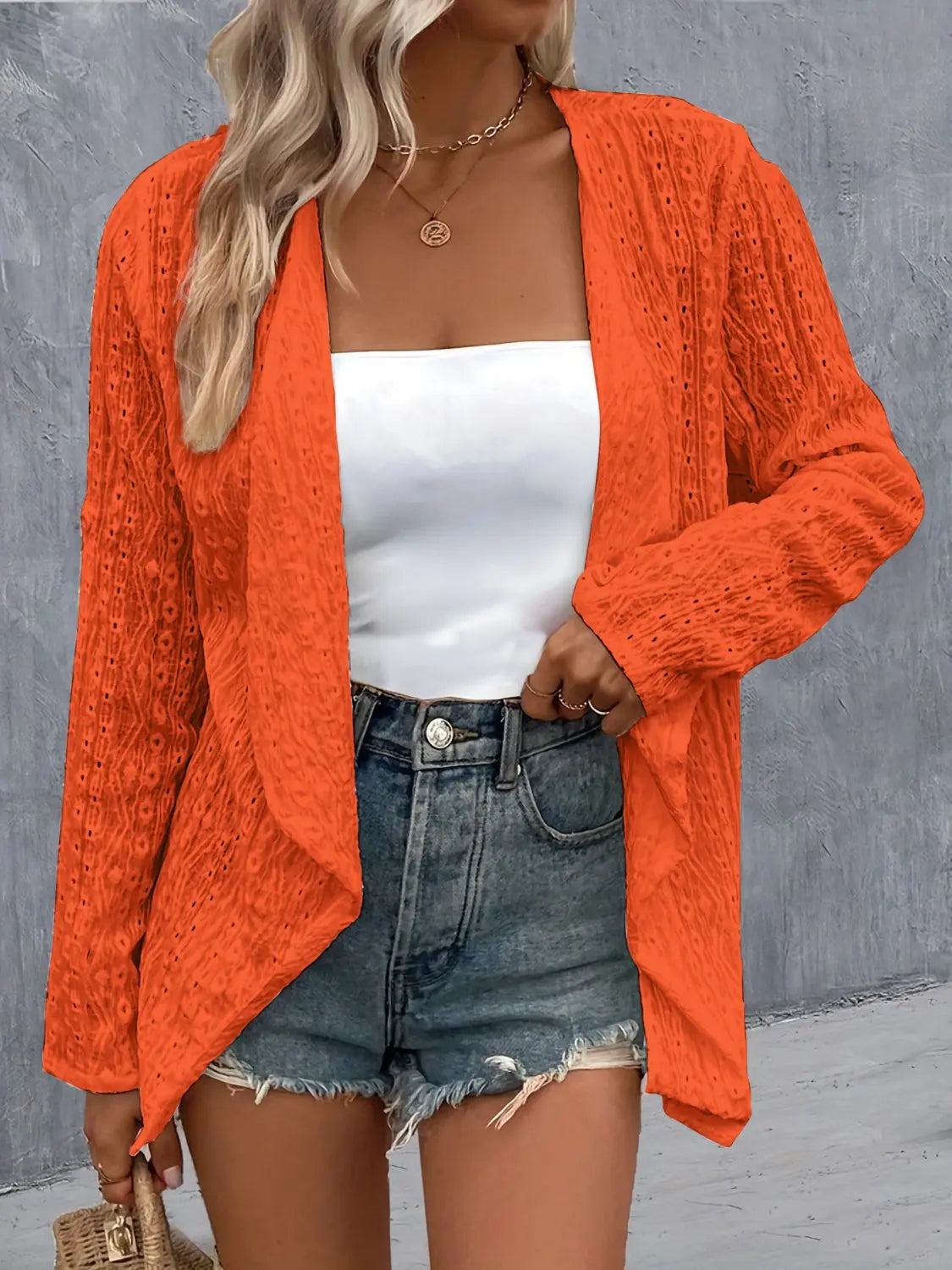 Eyelet Roll-Tab Sleeve Cardigan - Be Bliss Boutique
