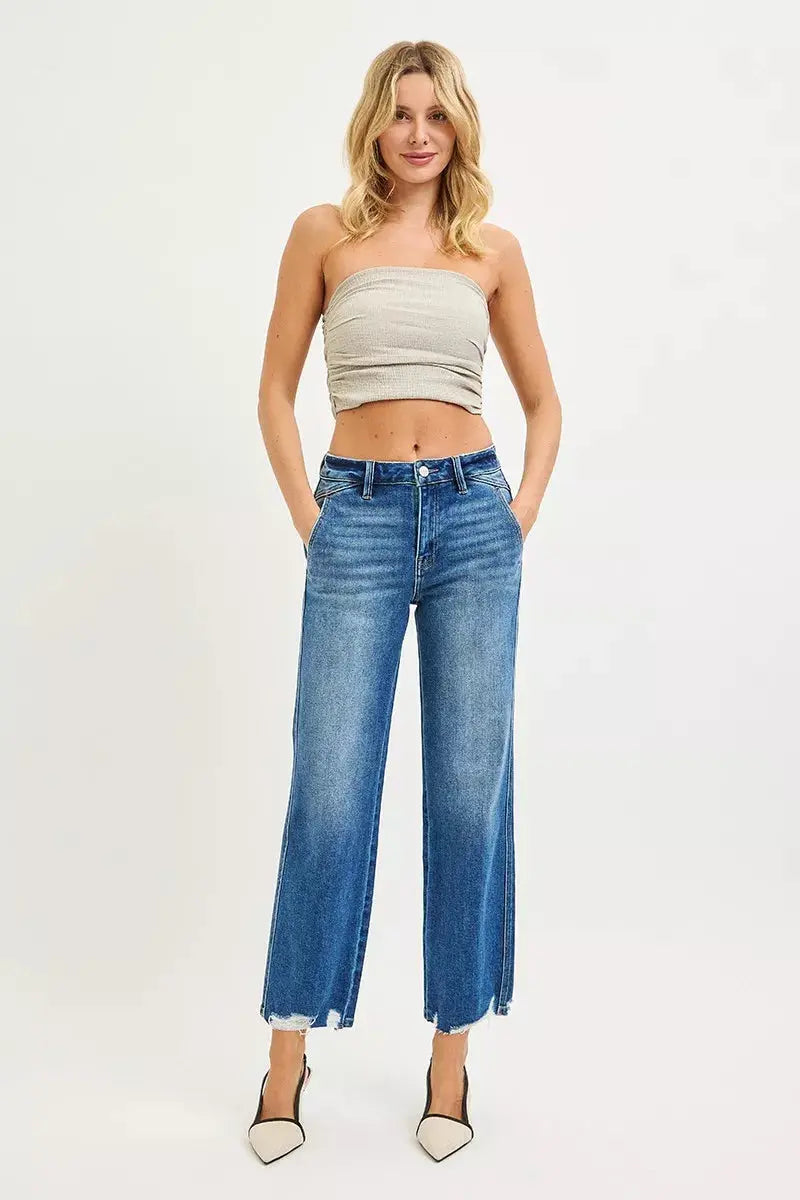 RISEN Jeans - High Rise Ankle Straight Distressed Hem Detail Jeans - Be Bliss Boutique
