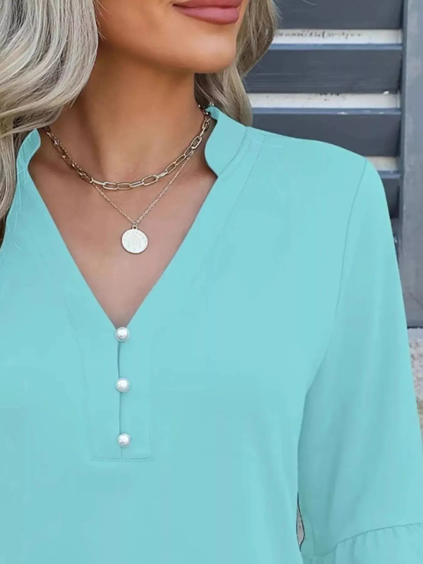 Full Size Notched Flounce Sleeve Blouse - Be Bliss Boutique