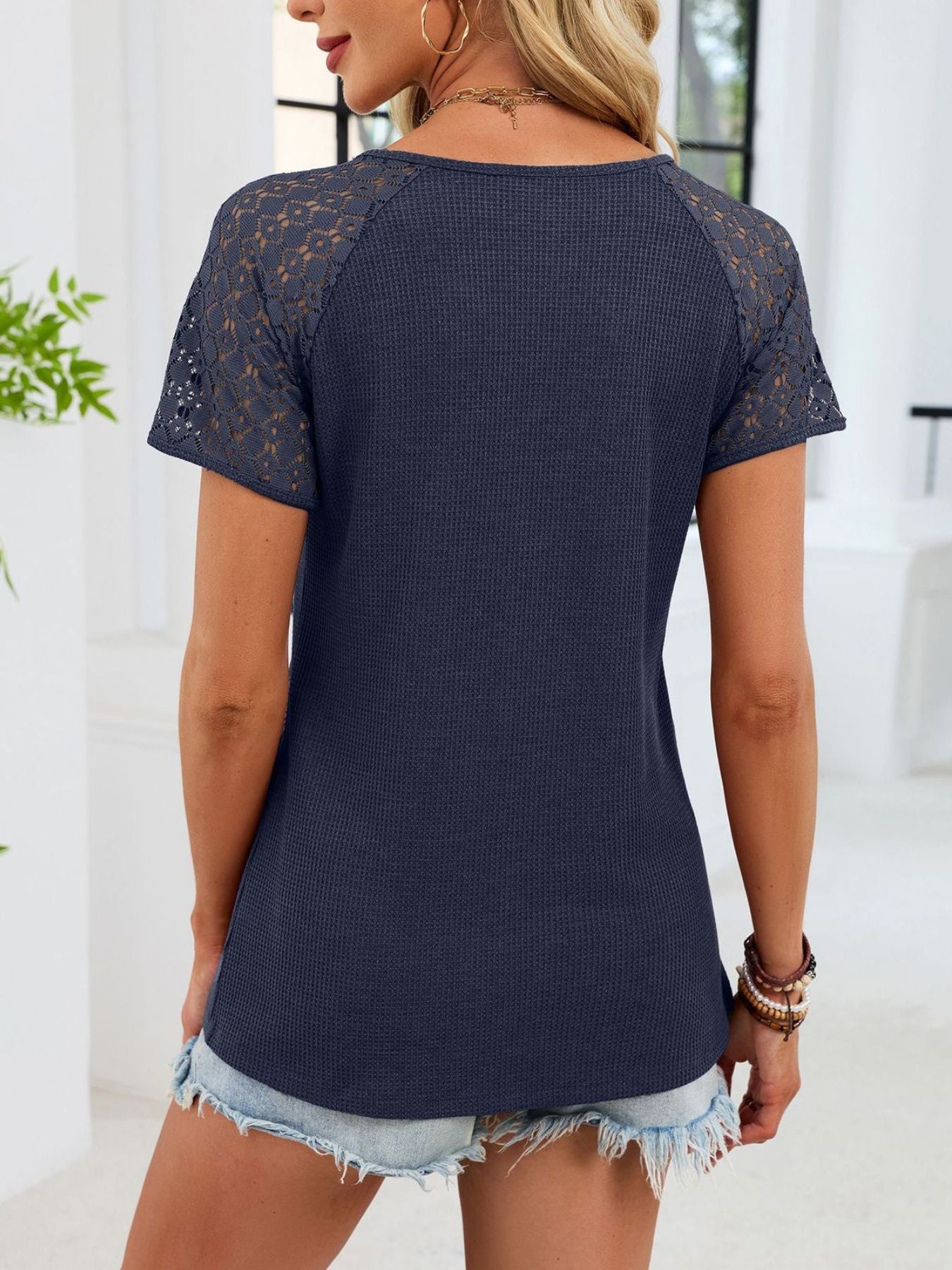 Lace Sleeve V Neck Waffle Knit T Shirt - Be Bliss Boutique