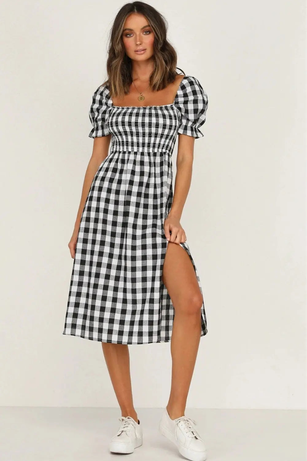 Full Size Slit Plaid Short Sleeve Midi Dress - Be Bliss Boutique