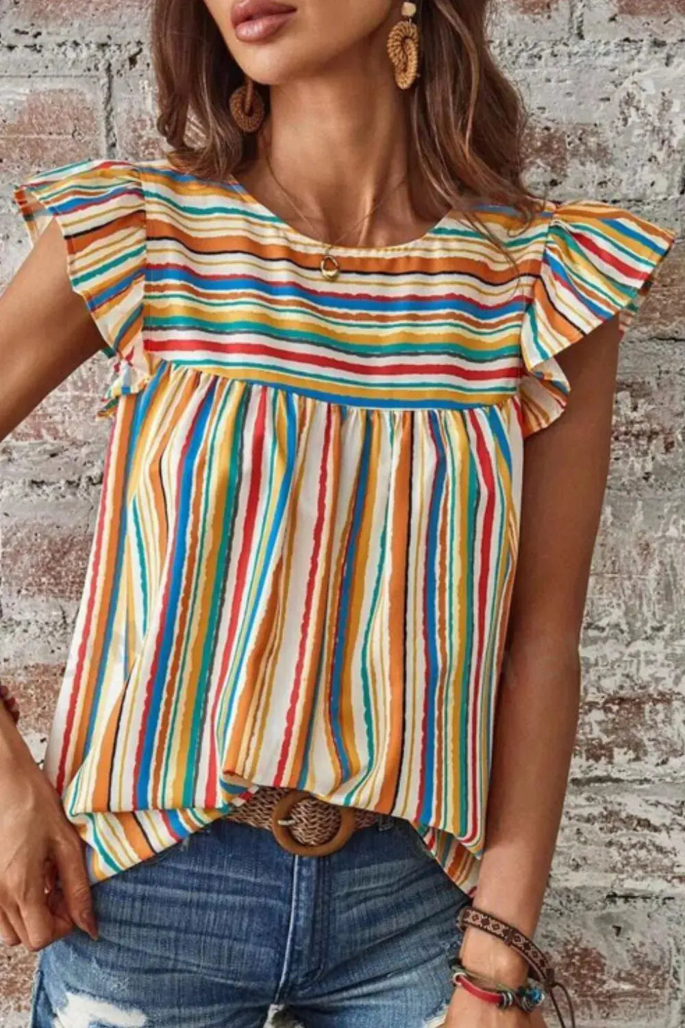 Multicolor Striped Flutter Sleeve Blouse - Be Bliss Boutique