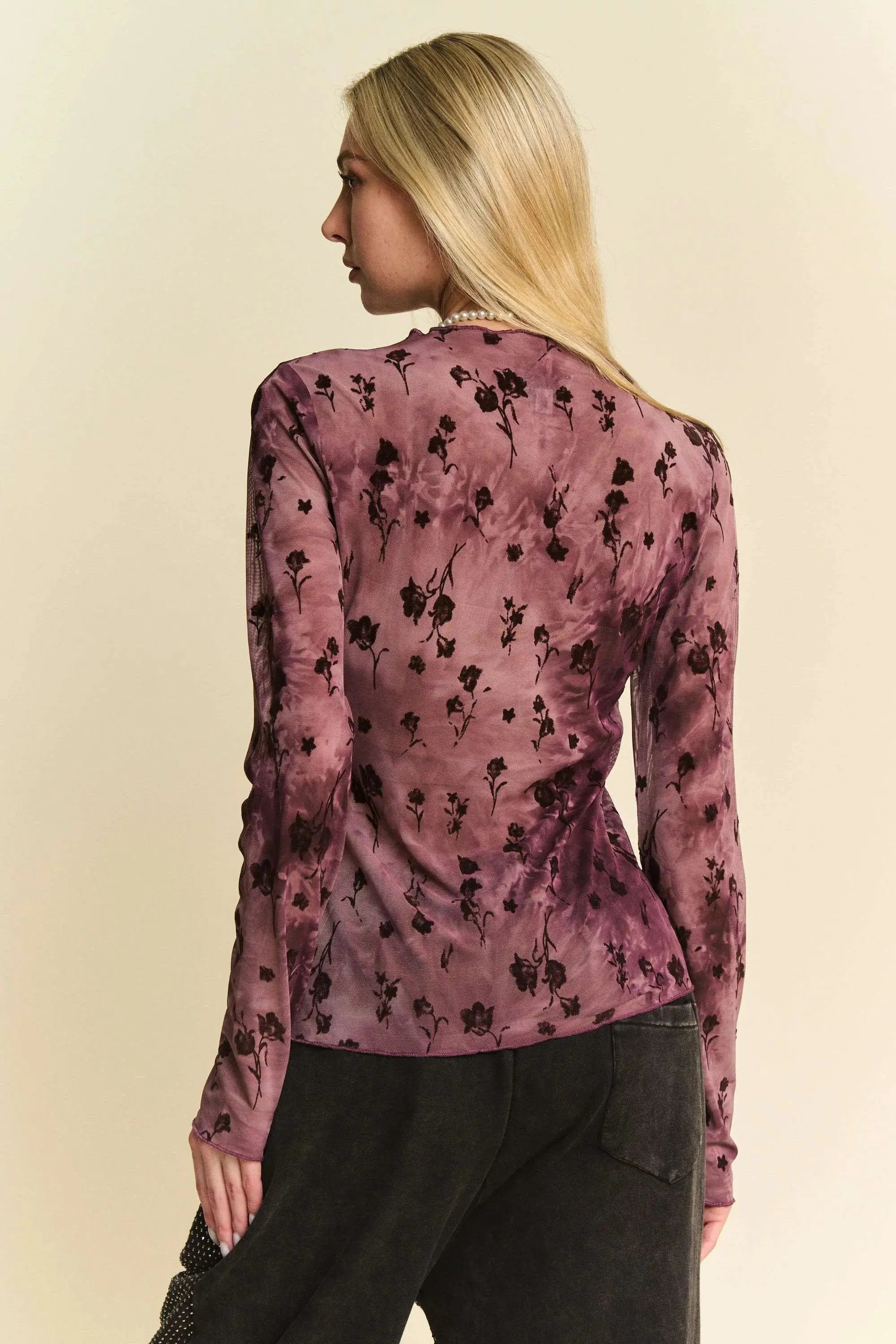 Davi & Dani Floral Mesh Long Sleeve Sheer Layering Top - Be Bliss Boutique