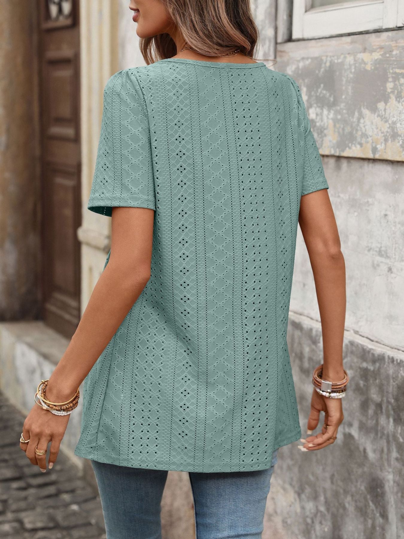 Women's Eyelet Square Neck Babydoll Short Sleeve Top - Be Bliss Boutique