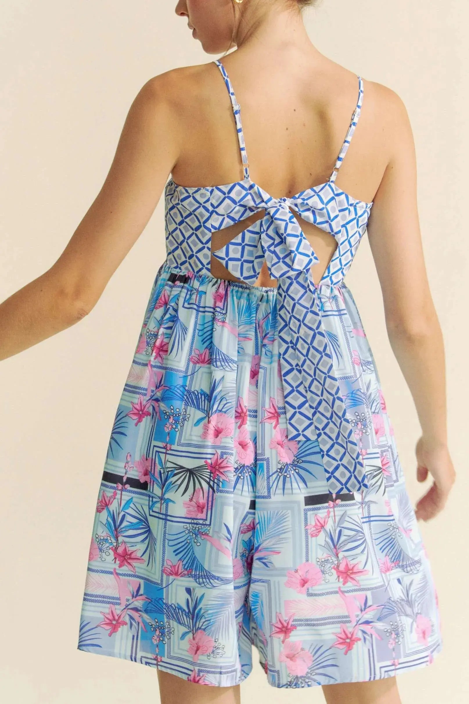 Davi & Dani Tropical Floral Geo Print Tie Back Tube Top Romper - Be Bliss Boutique