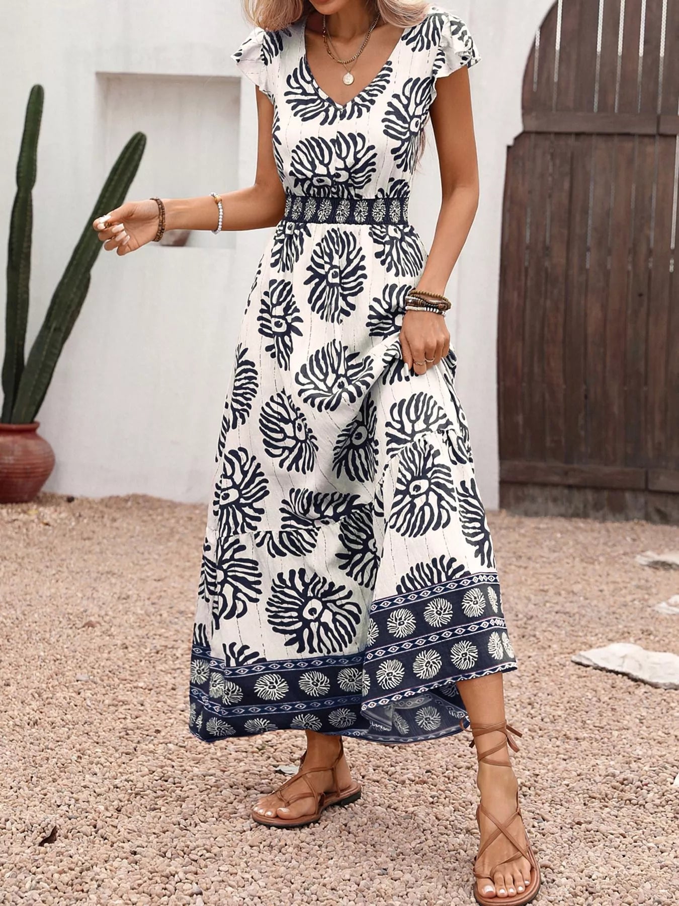 Printed V Neck Cap Sleeve Maxi Dress - Be Bliss Boutique