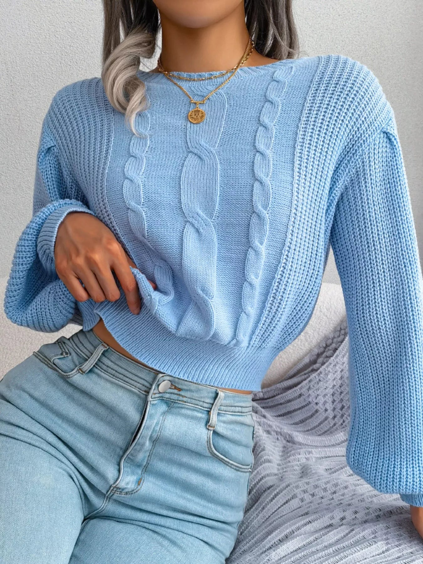 Cable Knit Round Neck Cropped Sweater - Be Bliss Boutique