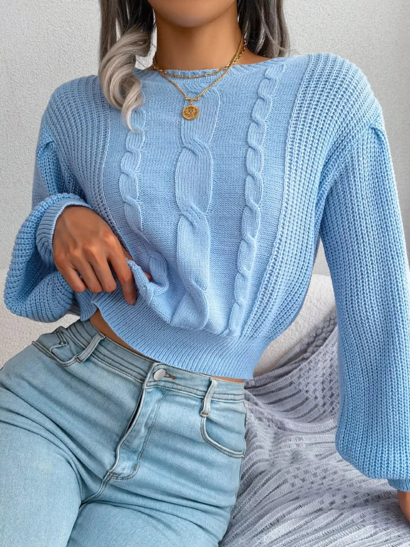 Cable Knit Crew Neck Cropped Sweater - Be Bliss Boutique