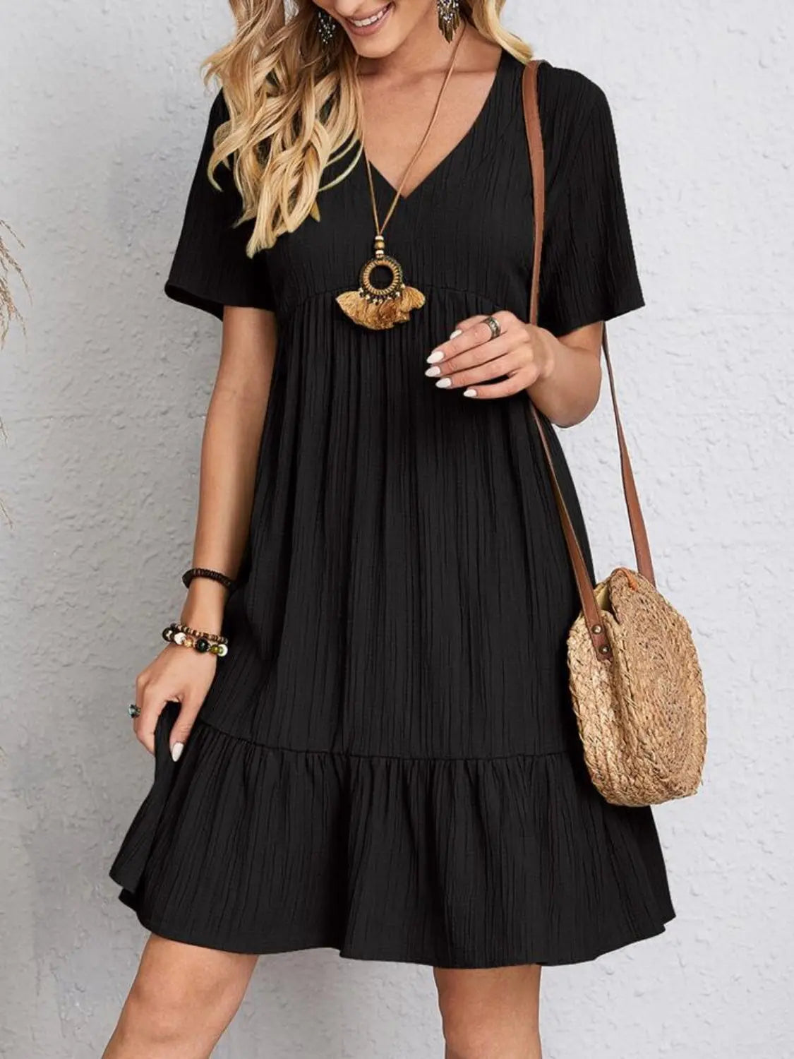 Boho Textured V-Neck Short Sleeve Babydoll Dress - Be Bliss Boutique