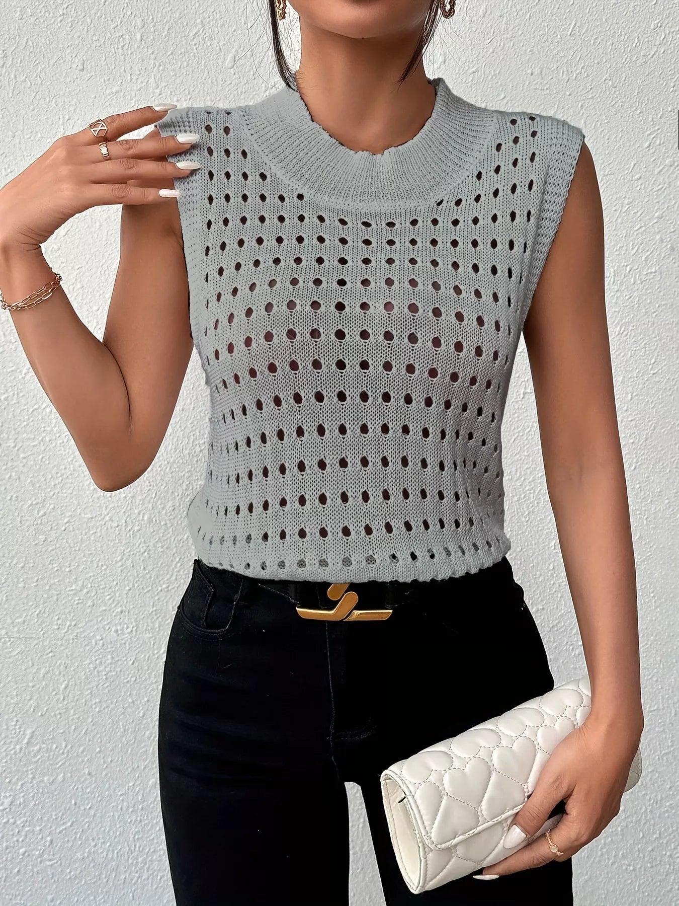 Hollow Out Round Neck Knit Tank - Be Bliss Boutique