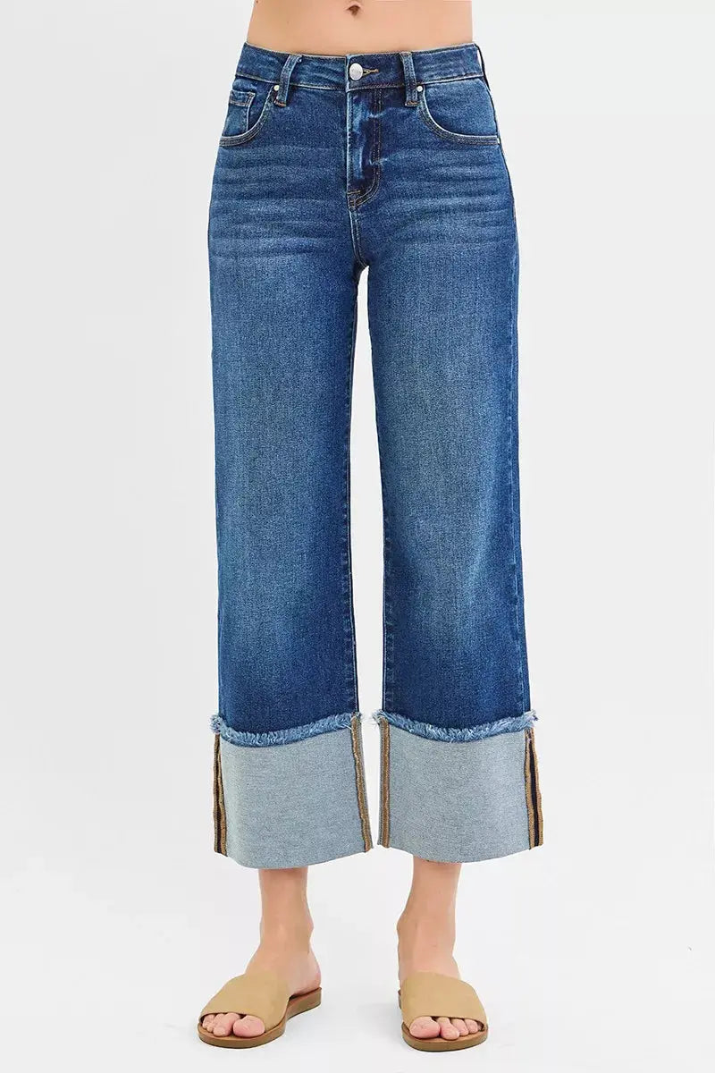 RISEN Jeans - Full Size Mid Rise Crop Wide Wide Cuffed Jeans - Be Bliss Boutique