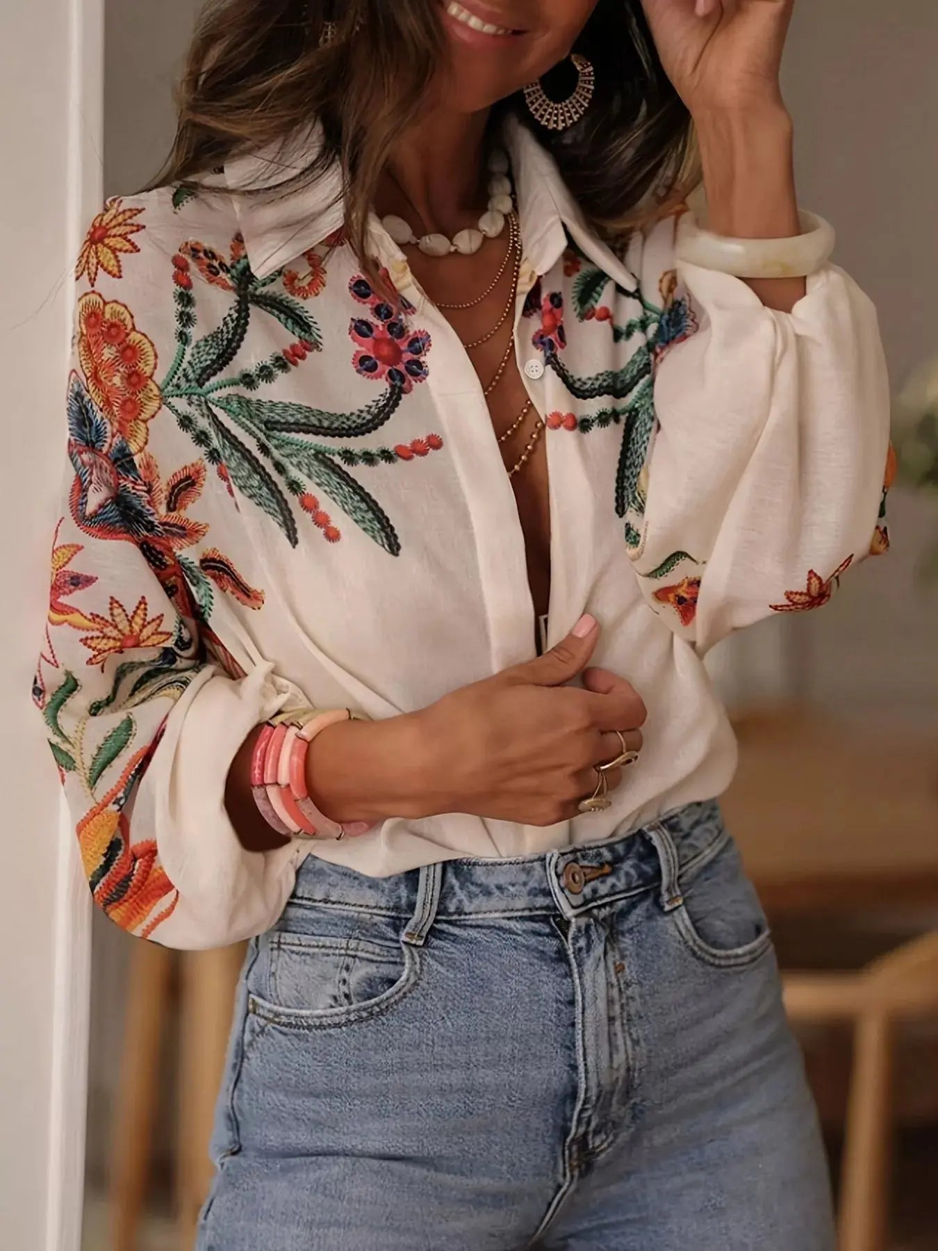 Embroidered Floral Button Up Long Sleeve Shirt - Be Bliss Boutique