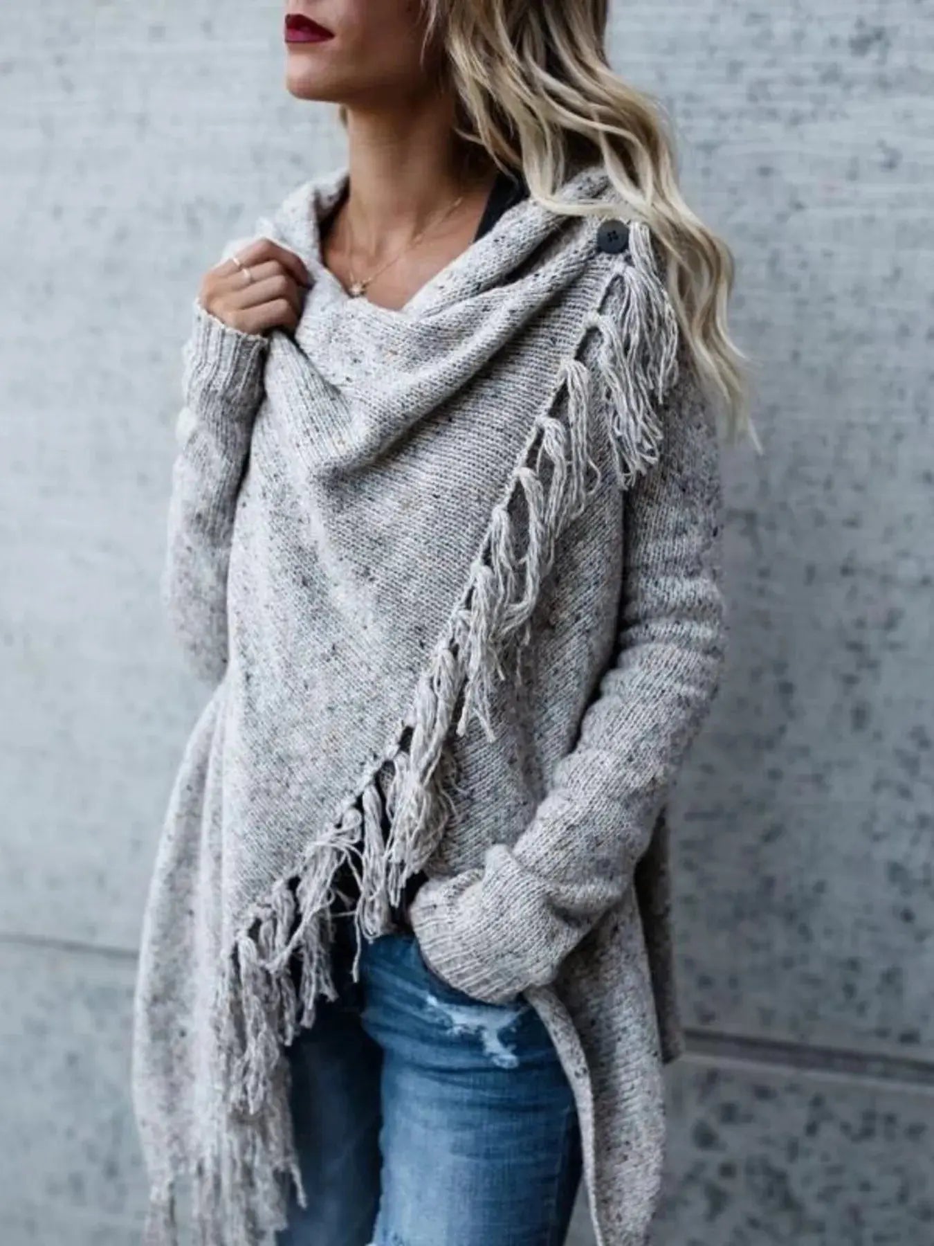 Fringe Long Sleeve Wrap Oversized Cardigan - Be Bliss Boutique