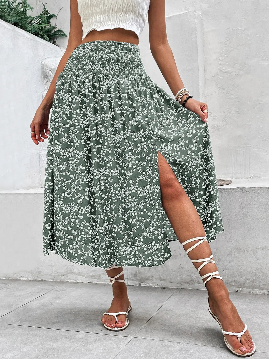 Slit Smocked High Waist Floral Midi Skirt - Be Bliss Boutique