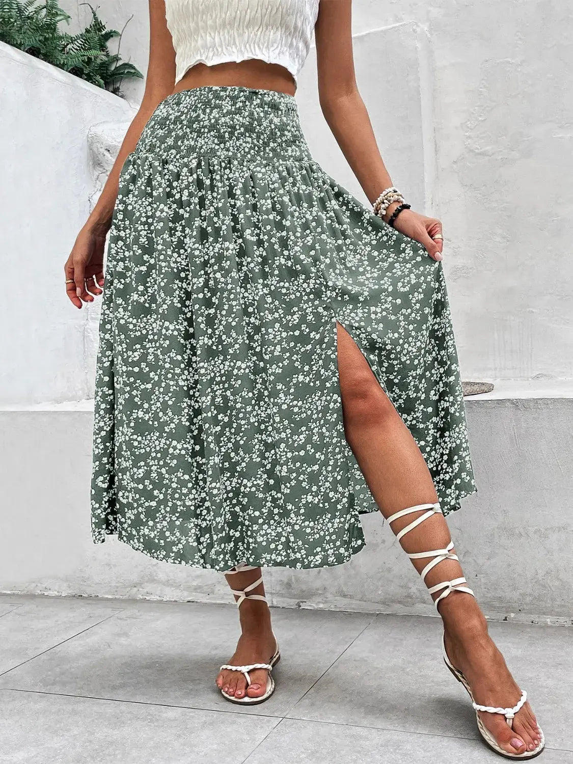 Slit Smocked High Waist Floral Midi Skirt - Be Bliss Boutique