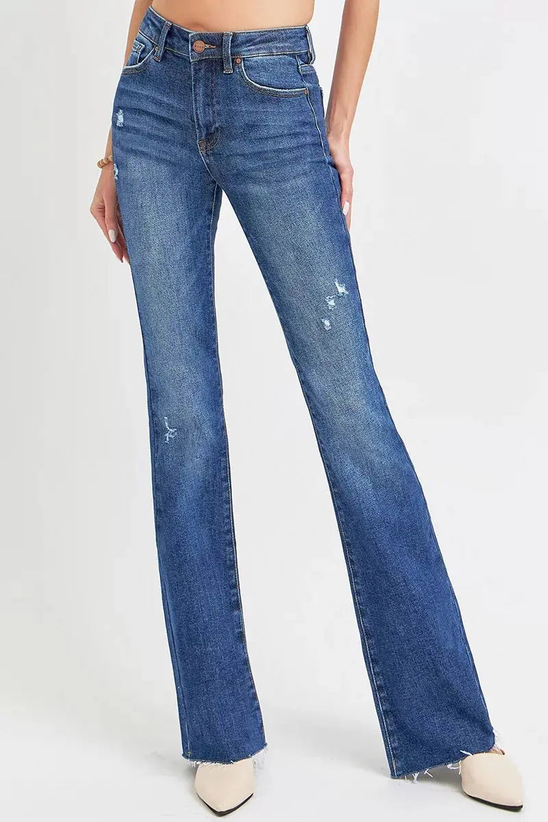 RISEN Jeans - Plus Size Distressed Mid Rise Flare Jeans - Be Bliss Boutique