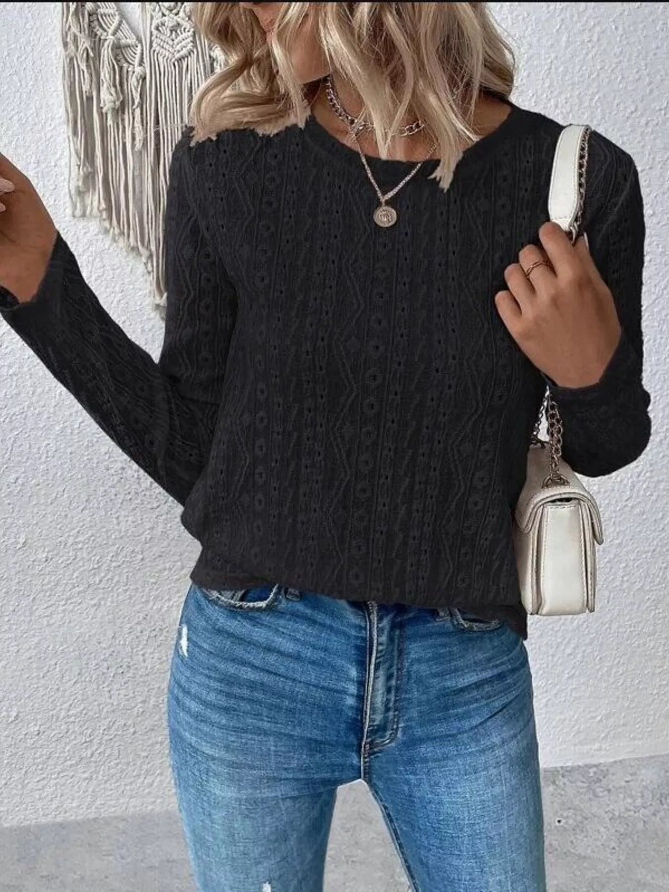 Full Size Eyelet Round Neck Long Sleeve Blouse Plus Size -  Be Bliss Boutique