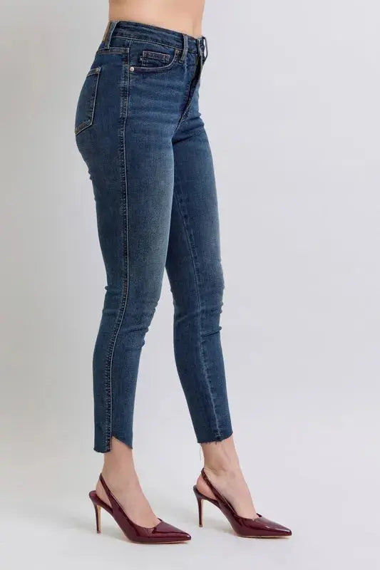 Full Size High Waist Tummy Control Step Hem Skinny Judy Blue Jeans - Be Bliss Boutique
