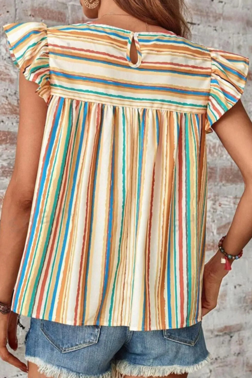 Multicolor Striped Flutter Sleeve Blouse - Be Bliss Boutique