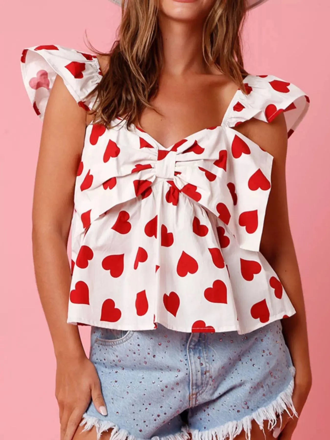 Ruffled Heart Print Bow Front Camisole Top - Be Bliss Boutique