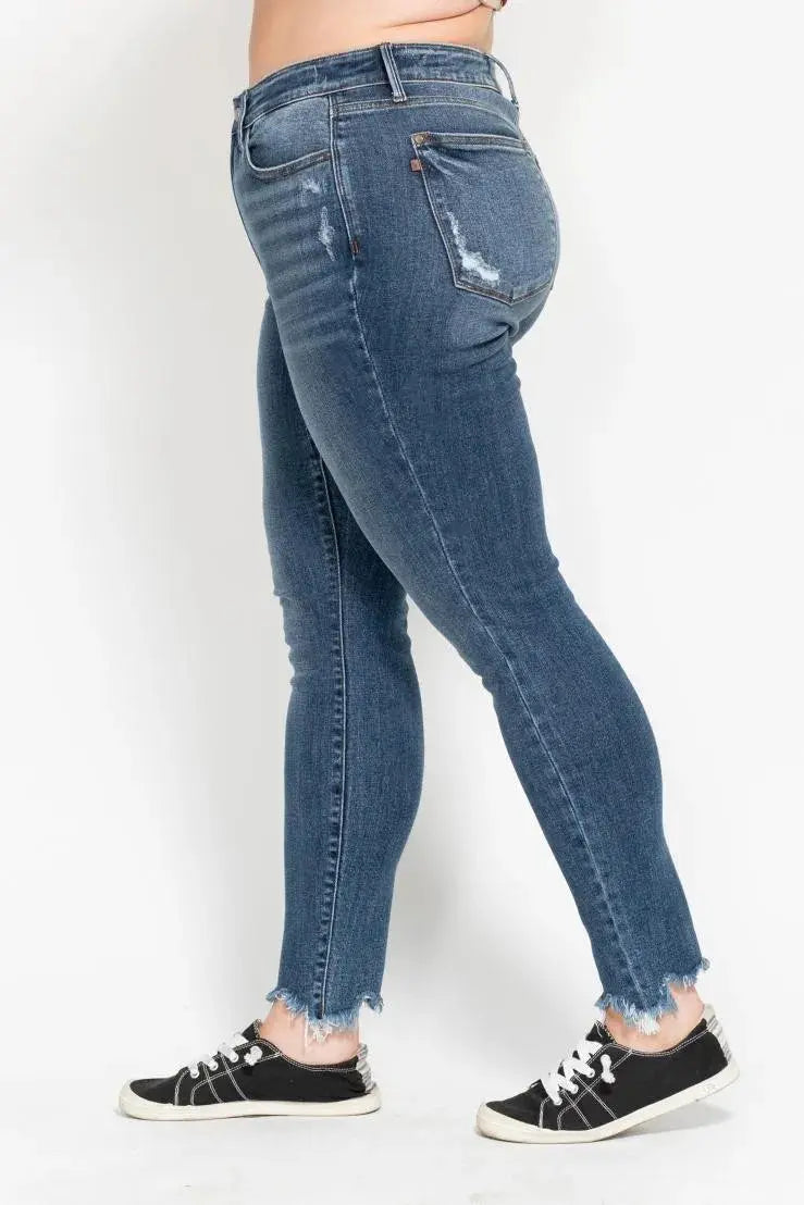 Plus Size High Waist Skinny Judy Blue Jeans with Destroy & Shark Bit Hem - Be Bliss Boutique