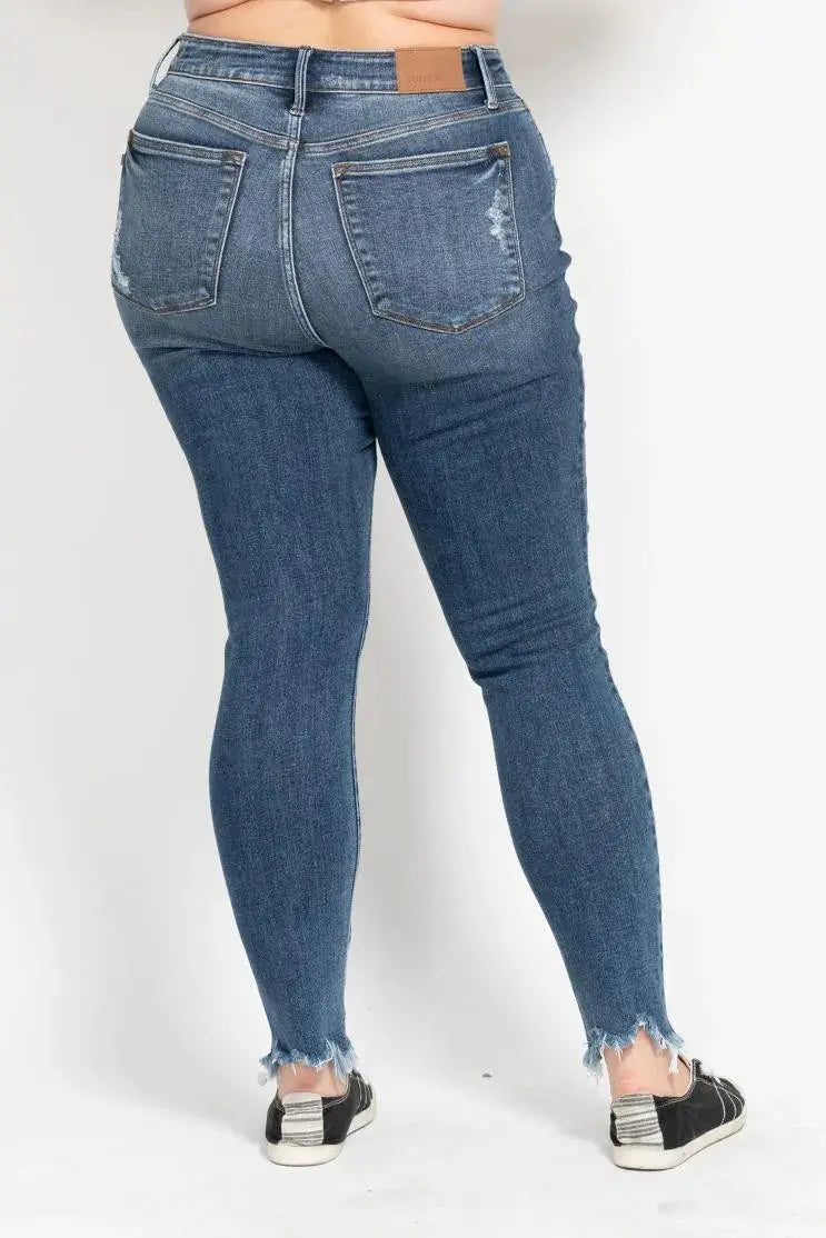 Plus Size High Waist Skinny Judy Blue Jeans with Destroy & Shark Bit Hem - Be Bliss Boutique