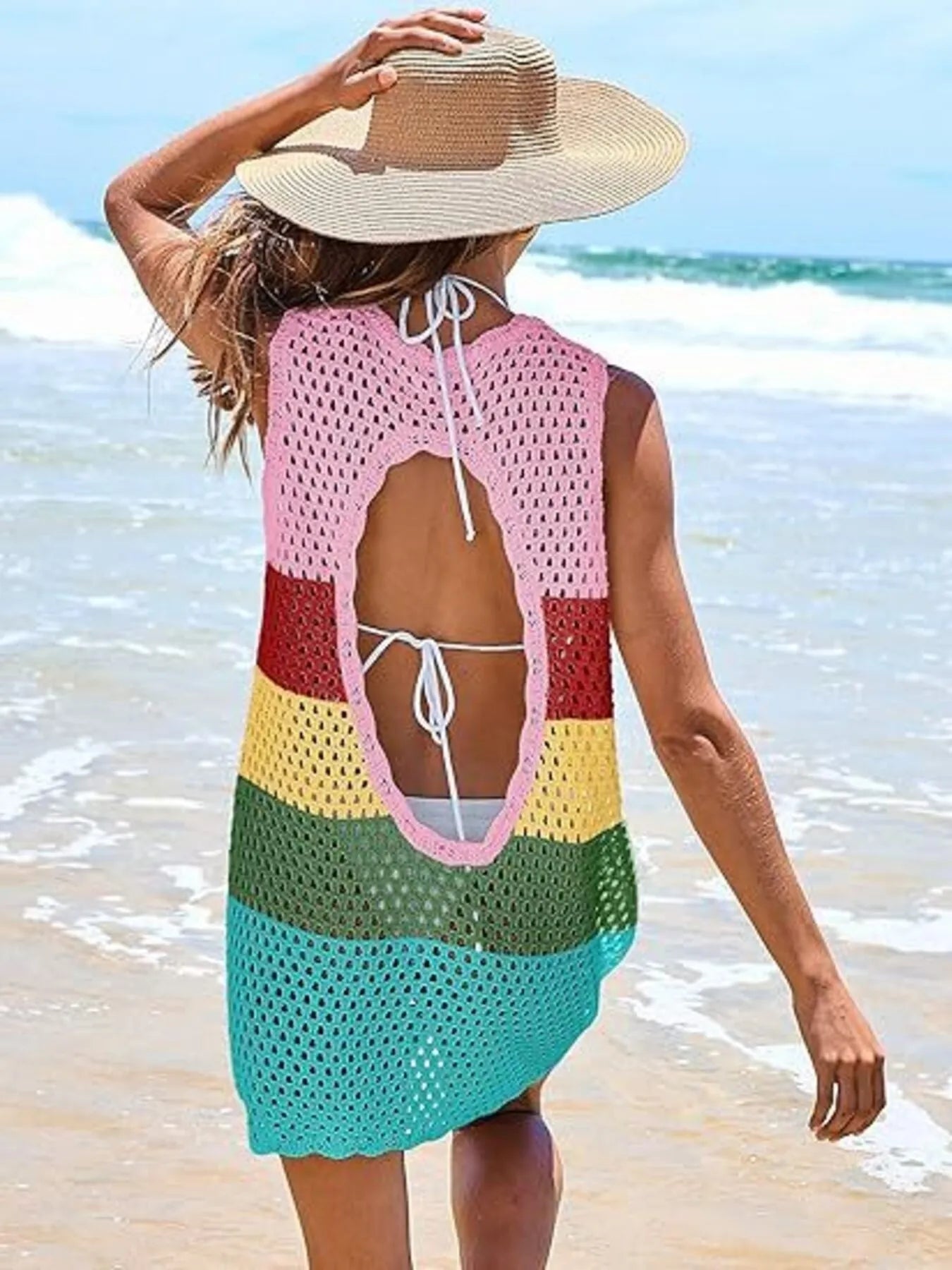 Color Block Openwork Cutout Back Sleeveless Cover Up - Be Bliss Boutique