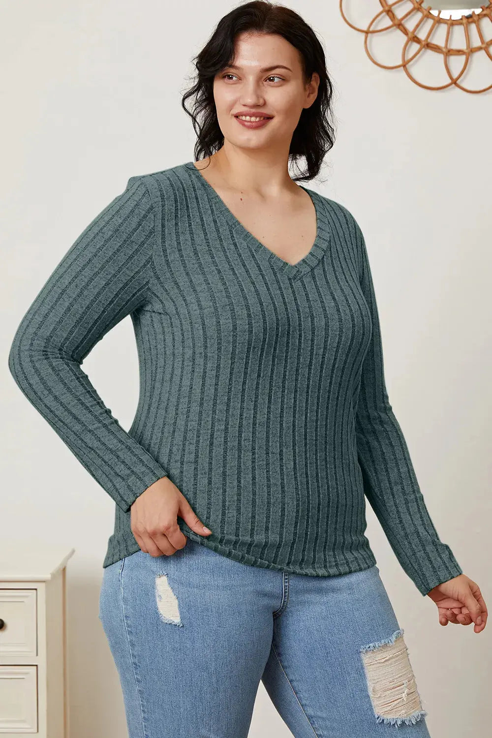 Basic Bae Full Size Ribbed V-Neck Long Sleeve T Shirt for Women - Be Bliss Boutique