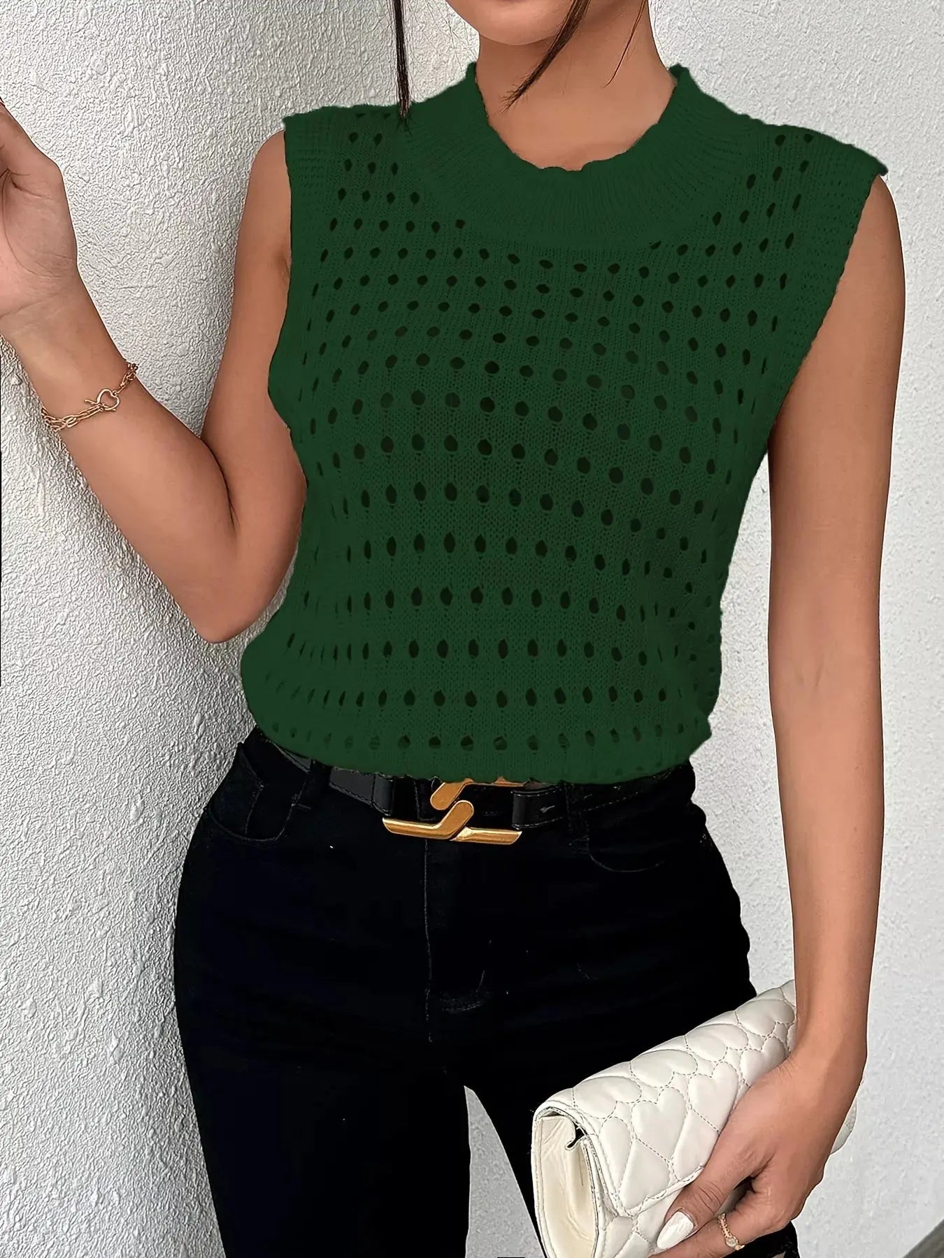 Hollow Out Round Neck Knit Sweater Tank - Be Bliss Boutique