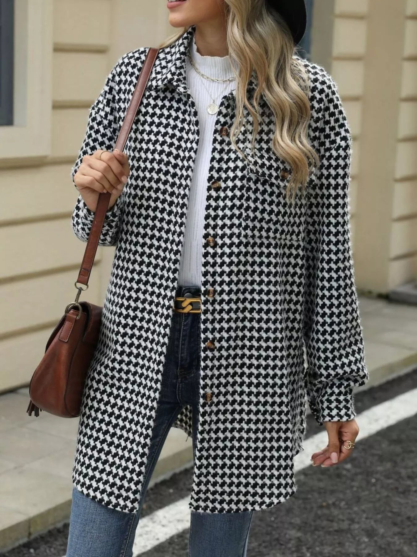 Houndstooth Button Up Long Sleeve Coat - Be Bliss Boutique