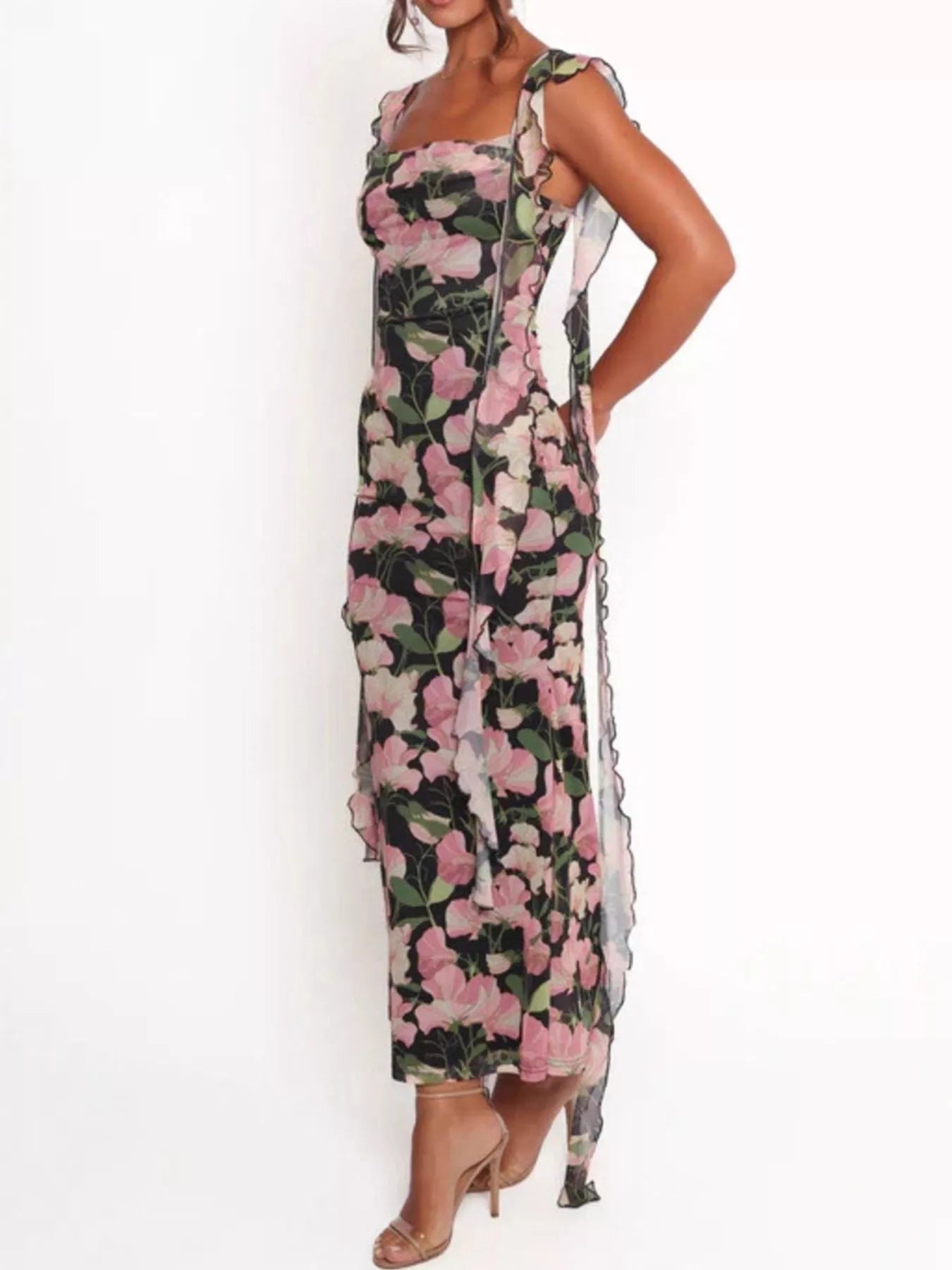 Floral Print Ruffle Trim Bodycon Maxi Dress - Be Bliss Boutique