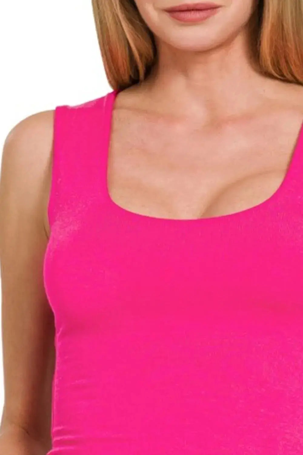 Zenana Hot Pink Double Layered Scoop Neck Crop Tank Top - Be Bliss Boutique