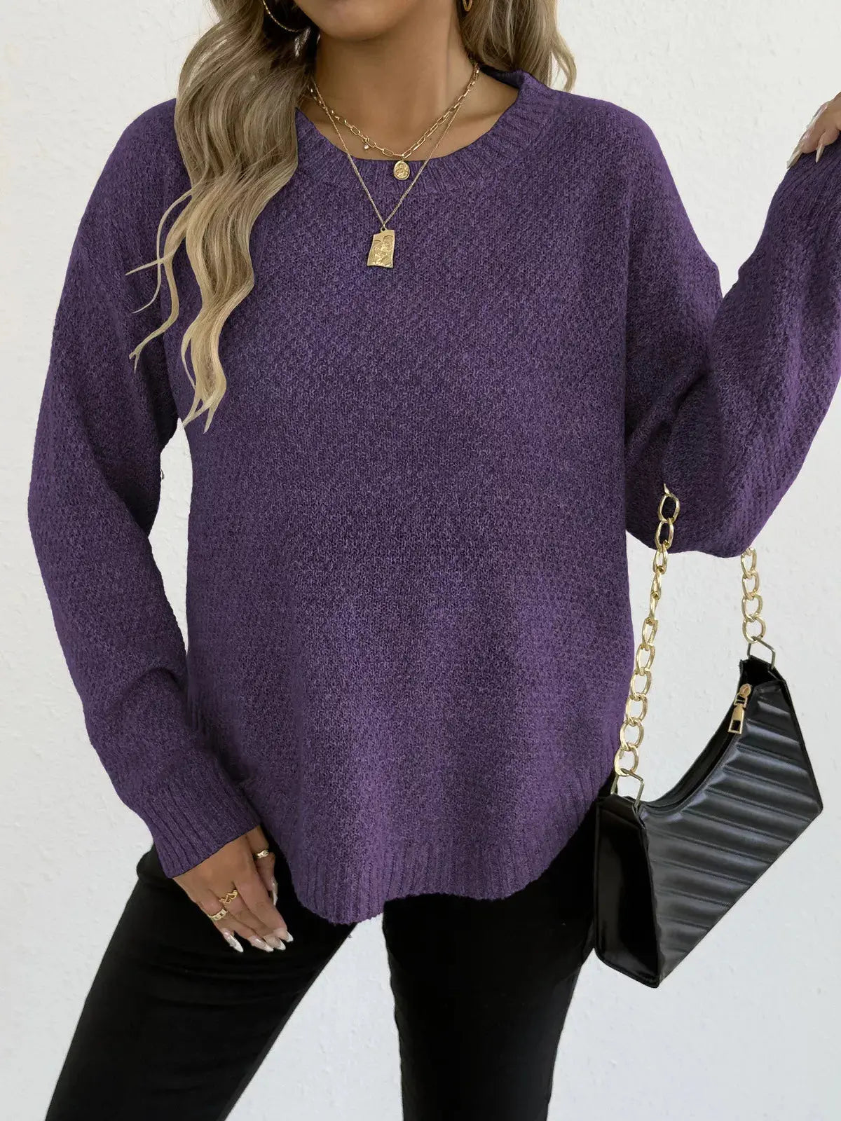 Round Neck Textured Knit Relaxed Fit Sweater - Be Bliss Boutique