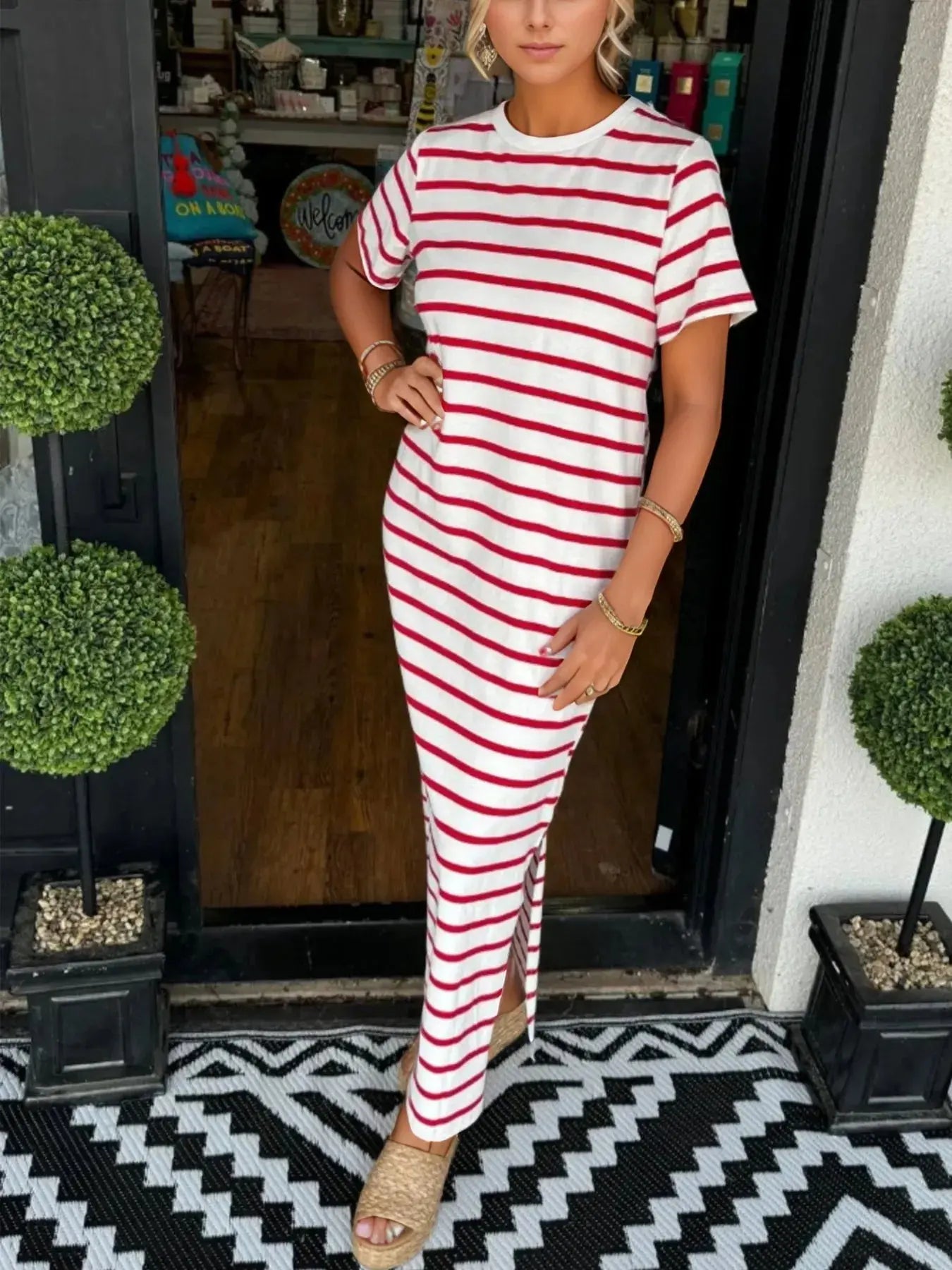 Full Size T-Shirt Striped Maxi Dress with Side Slit - Be Bliss Boutique
