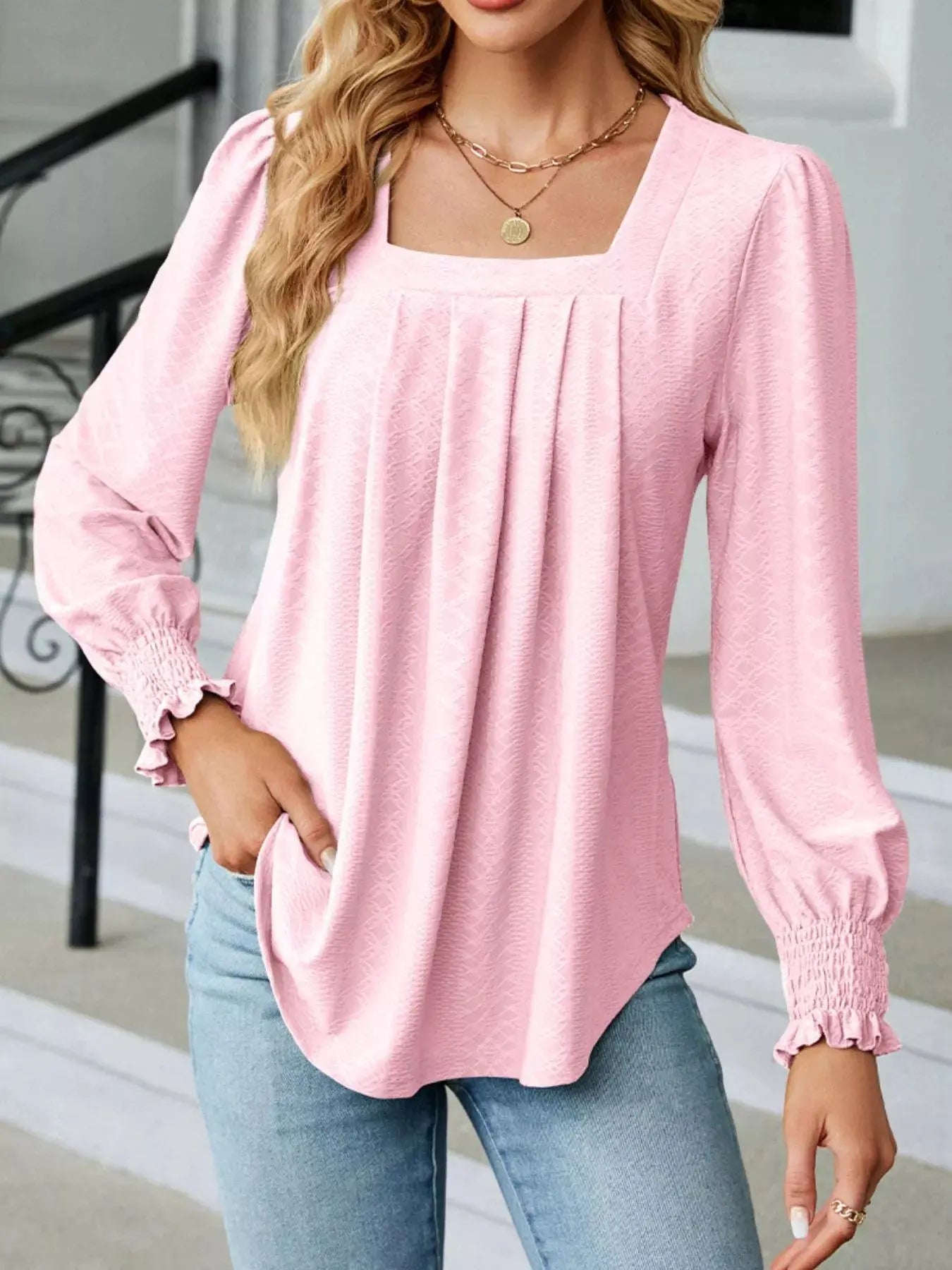 Pleated Square Neck Long Sleeve Top - Be Bliss Boutique