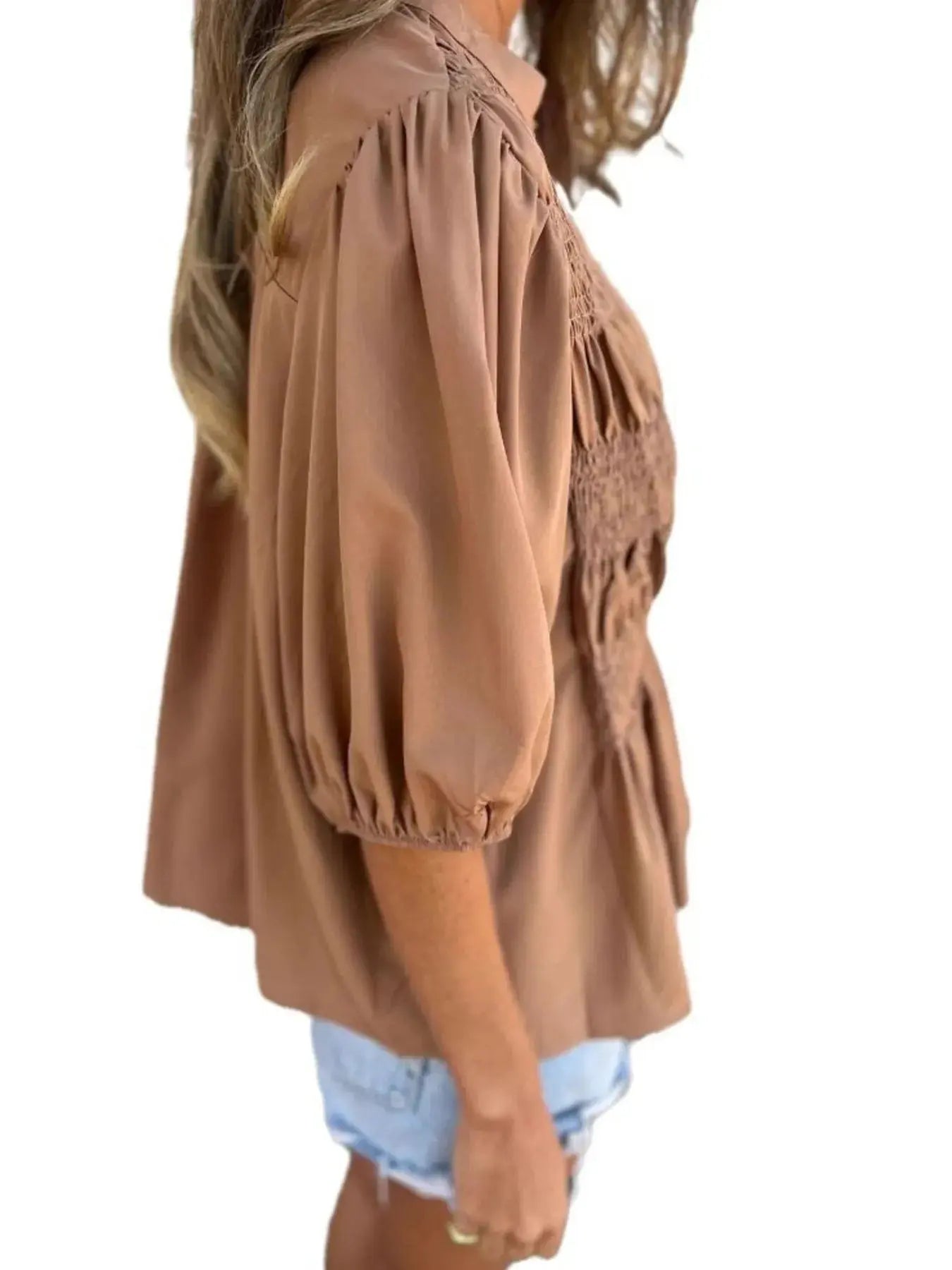 Full Size Red Smocked Button Puff Sleeve Blouse – Plus Size - Be Bliss Boutique
