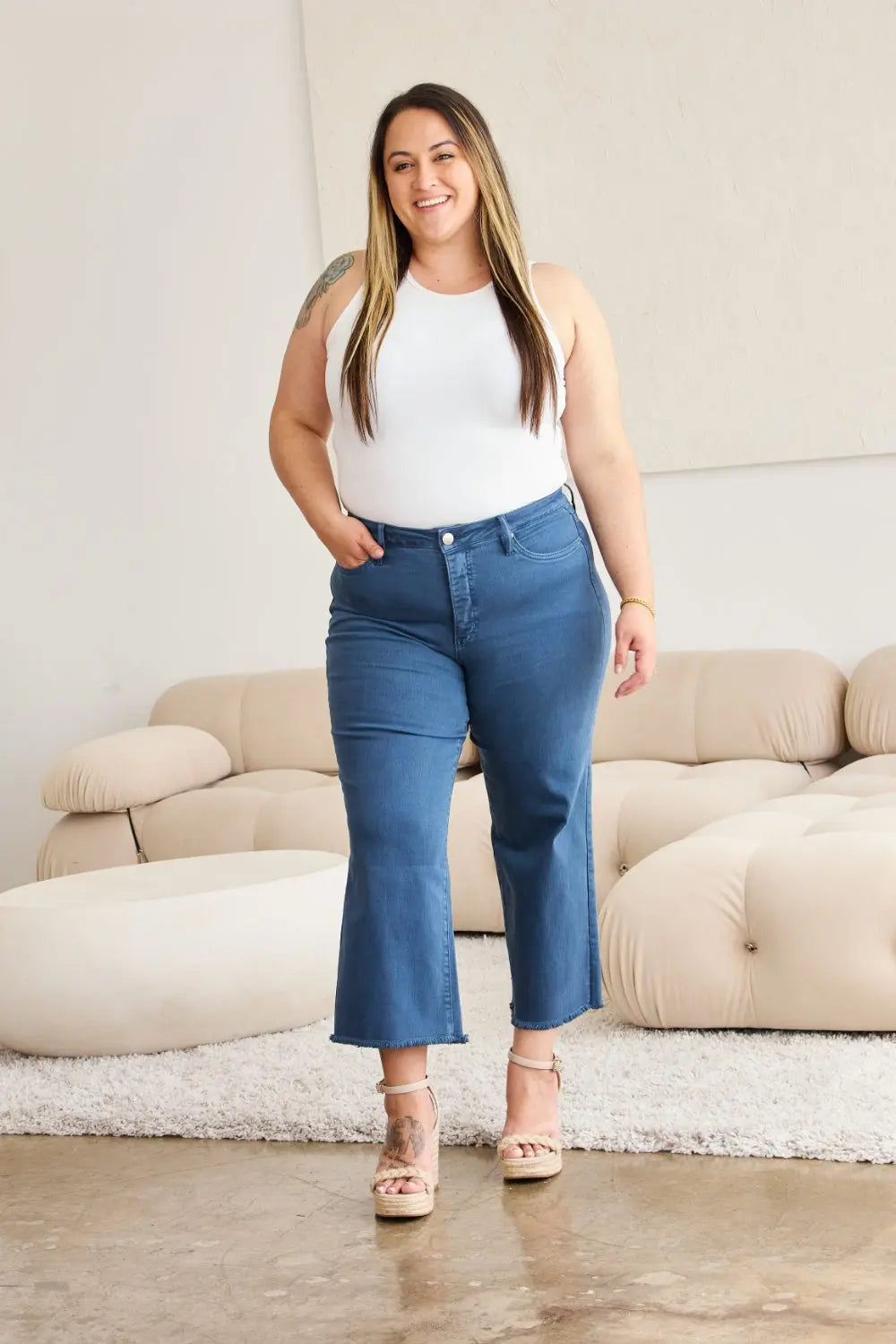 RFM Crop Full Size Tummy Control High Waist Raw Hem Jeans - Be Bliss Boutique