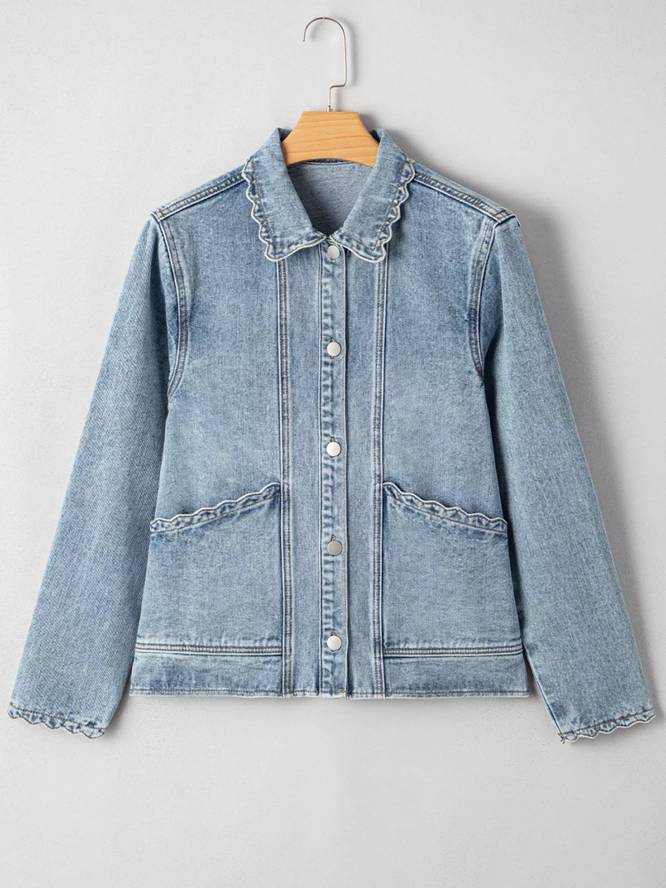 Scallop Trim Collar Patched Pocket Button Up Denim Jacket - Be Bliss Boutique