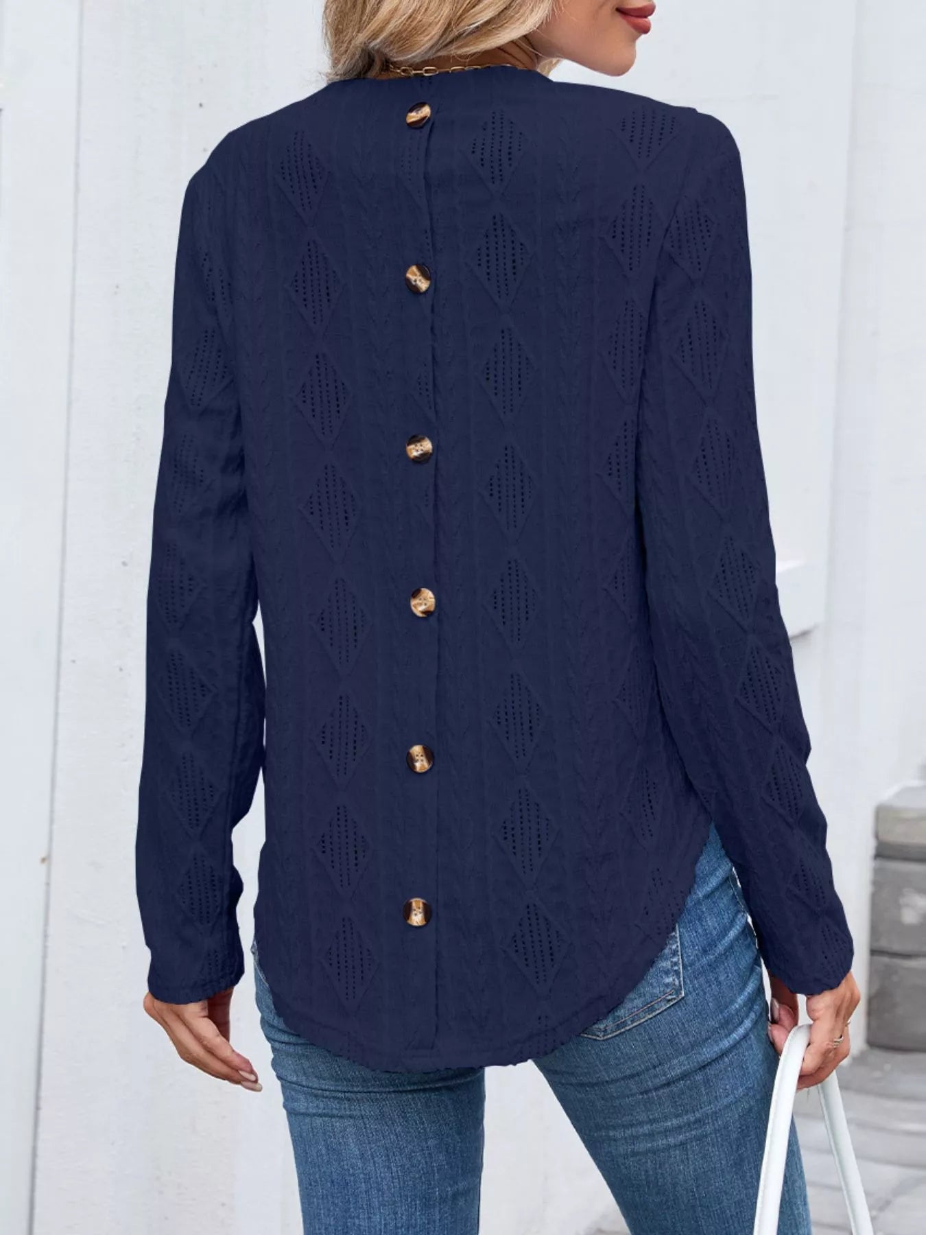 Openwork Textured Long Sleeve Top - Be Bliss Boutique