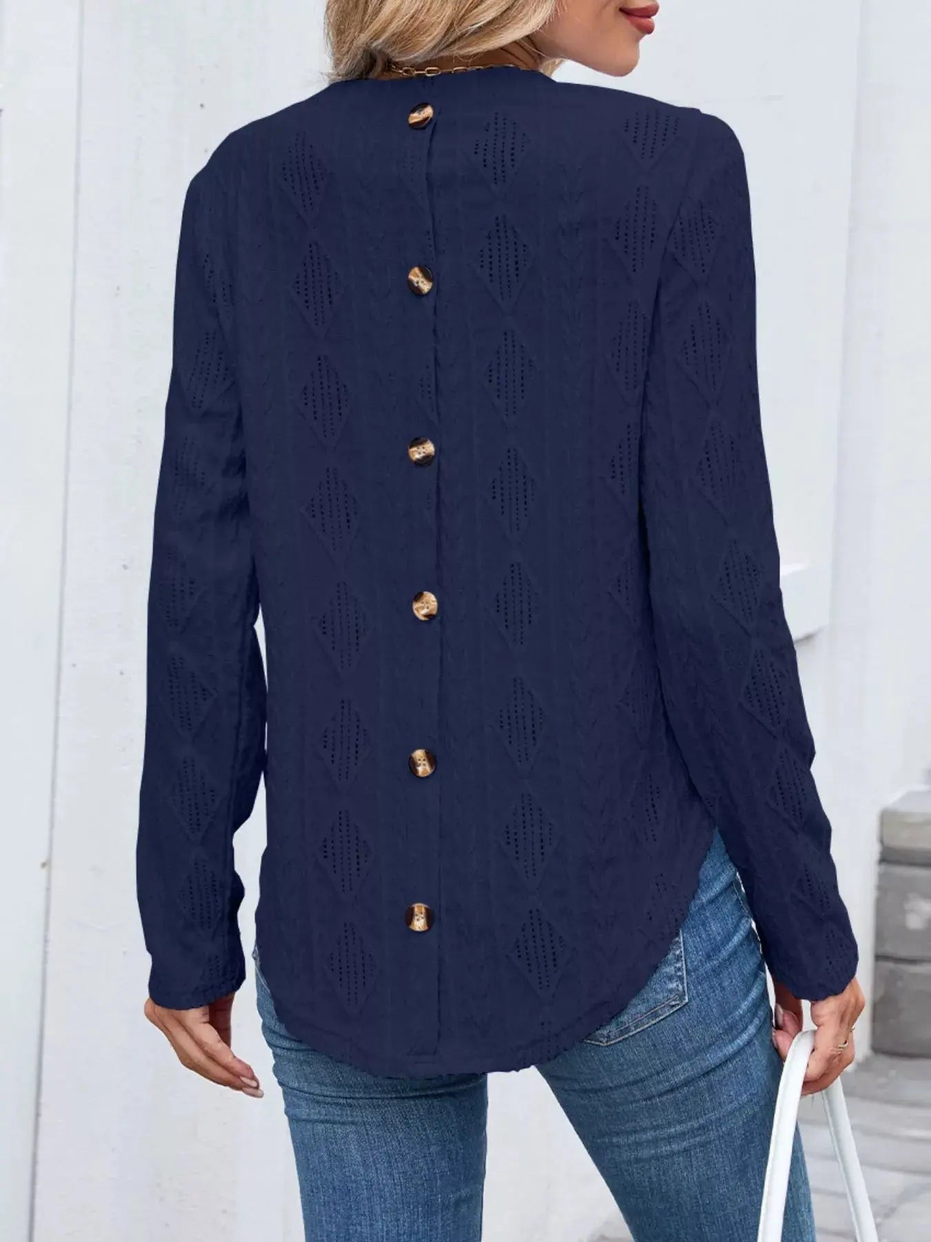 Openwork Textured Long Sleeve Top - Be Bliss Boutique