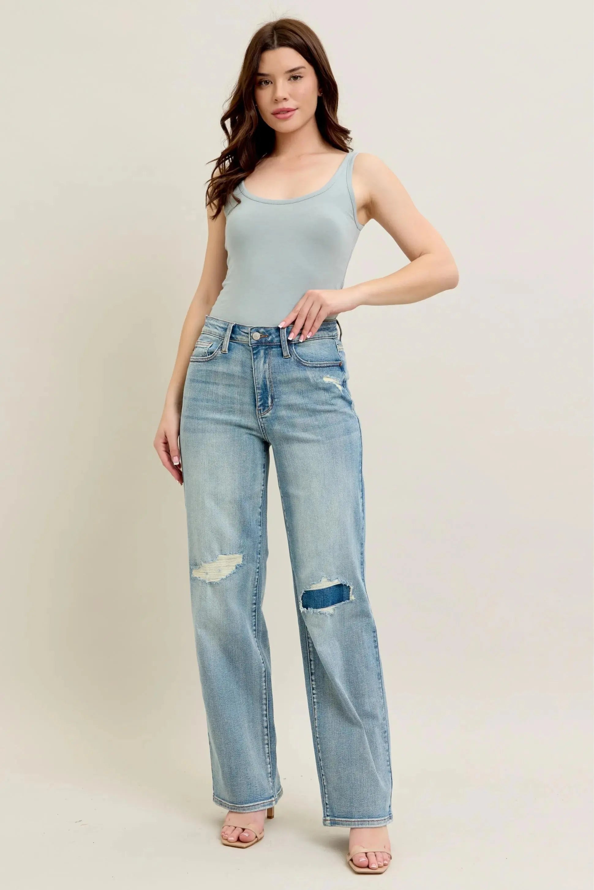 Judy Blue Jeans -Plus Size High Waist Destroy & Knee Patch Straight Leg - Be Bliss Boutique