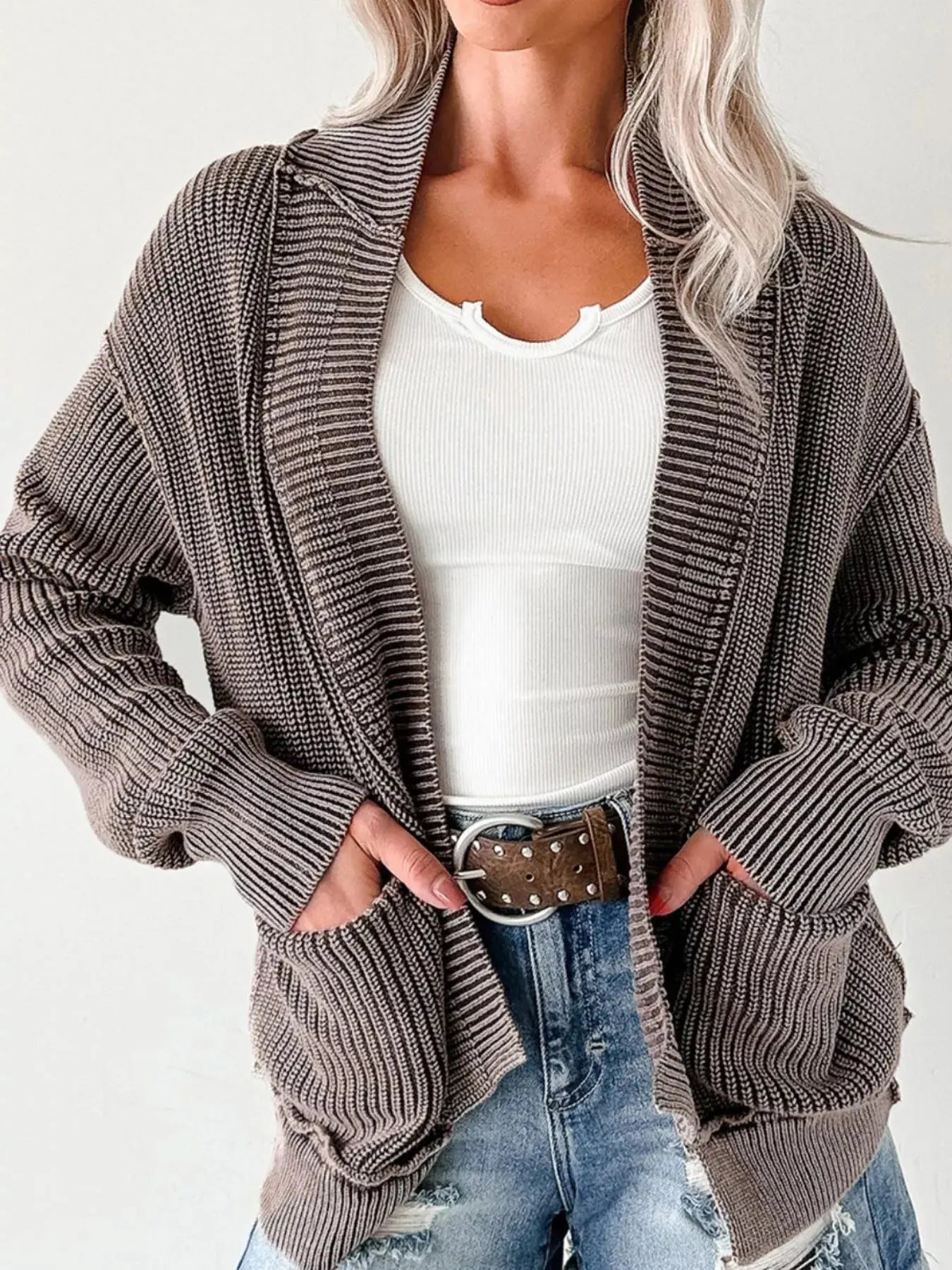 Mineral Wash Exposed Seam Patchwork Open Knit Cardigan - Be Bliss Boutique