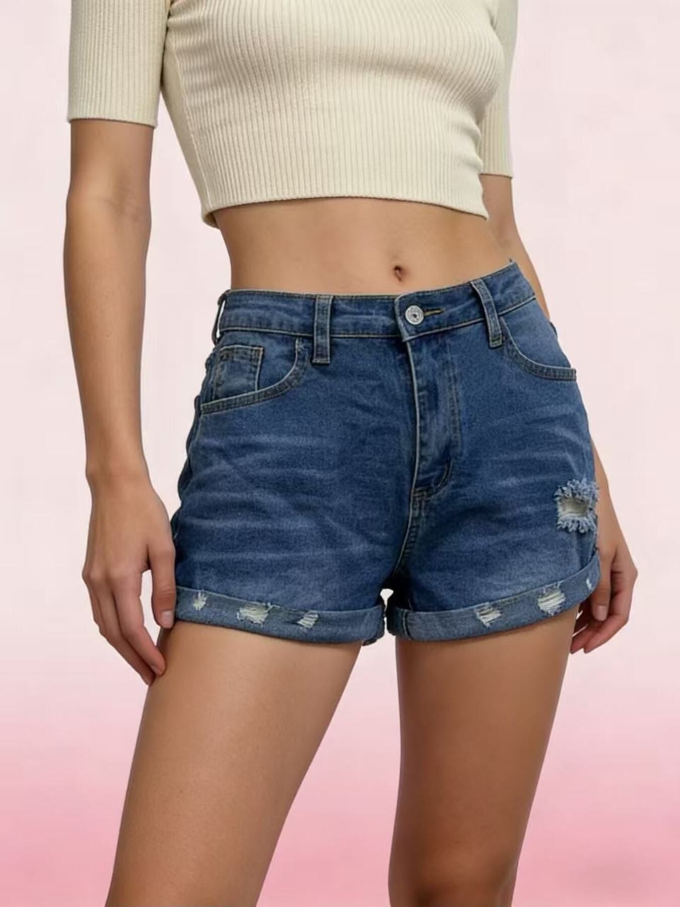 Distressed Denim Roll Up Shorts - Be Bliss Boutique