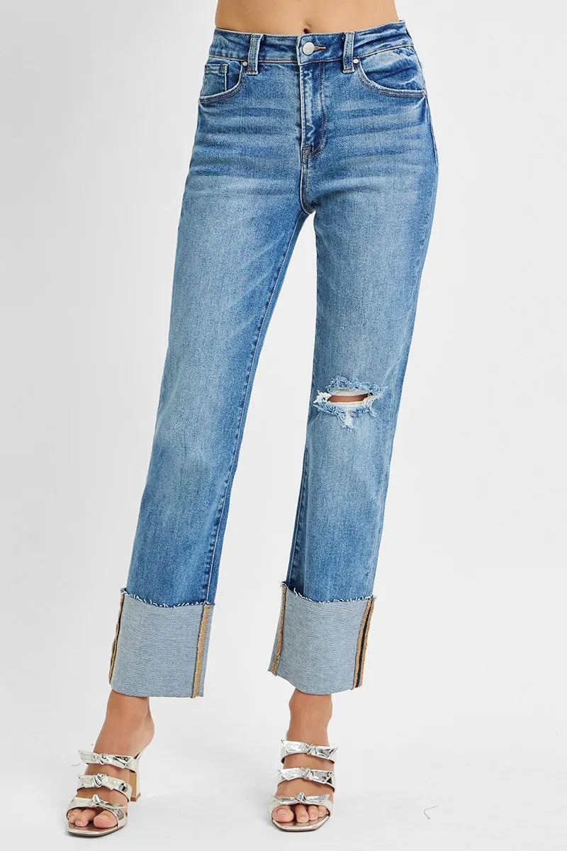 RISEN Jeans - Plus Size High Rise Straight Wide Cuffed Jeans - Be Bliss Boutique